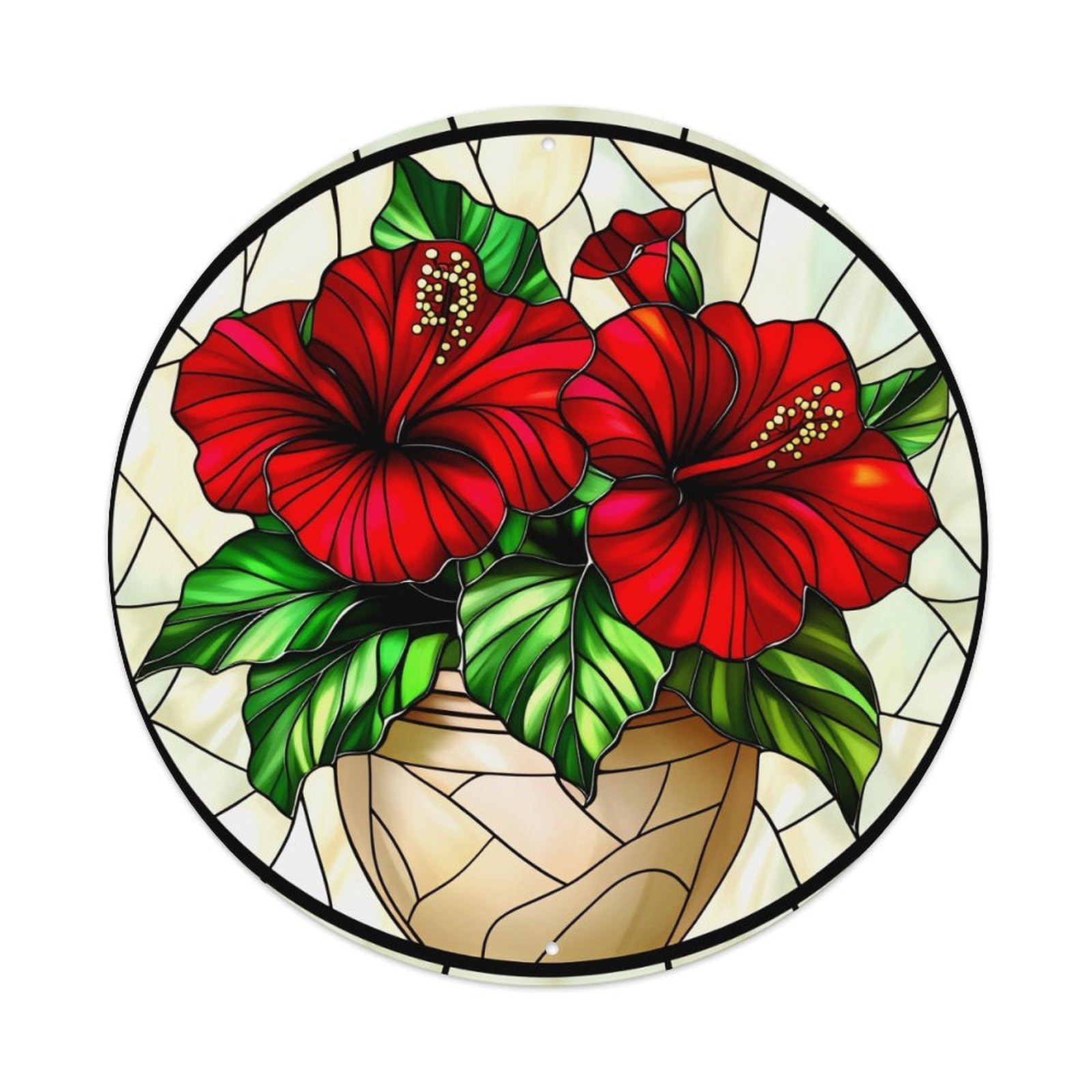 Stained Glass Flower Vase Art Round Tin Sign Vintage Metal Sign Home Bar Garden Indoor & Outdoor Wall Decor Retro Metal Poster 8x8 Inch