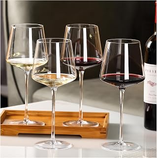 Physkoa 18oz Lead-Free Crystal Square Wine Glasses Set of 4 - Hand Blown Italian Style Tall Stem for Red Wine