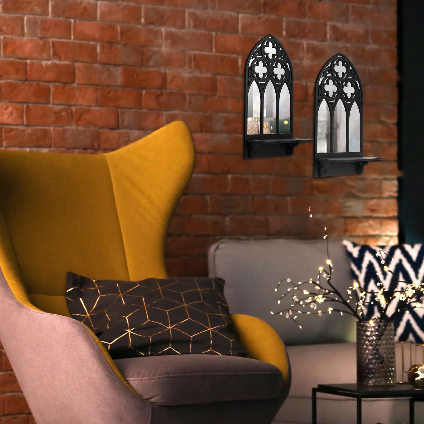 Ovveroche 2 Set Gothic Candle Sconces Wall Decor, Arch Cathedral Frame Gothic Wall Sconce Candle Holder for Bedroom, Bathroom, Dining Room, Living Room, Black