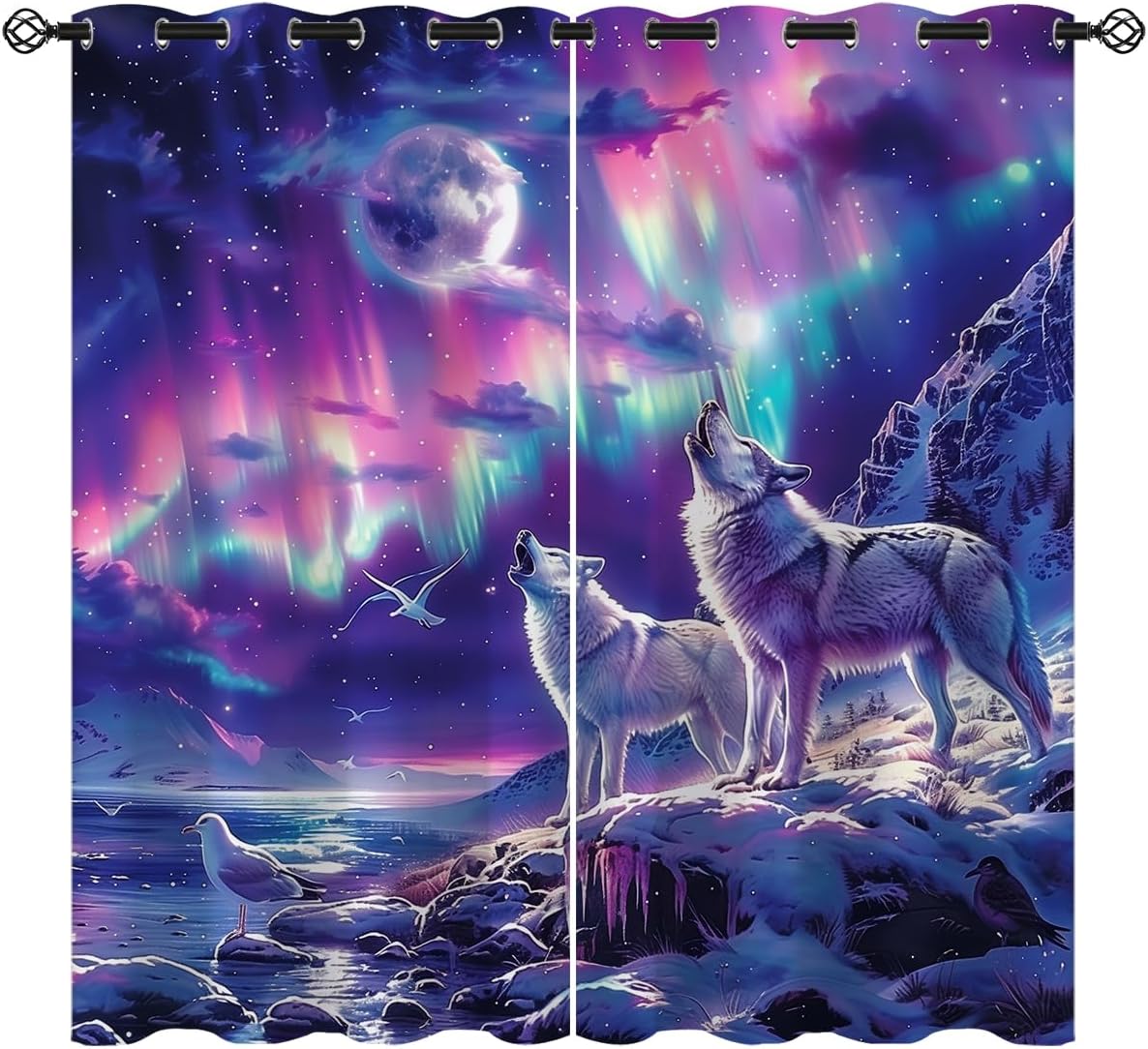 Wolf Blackout Curtains for Girls Boy Home Decor, Starry Sky Aurora Colorful Wolf Howls Moon Night Grommet Thermal Insulated Drapes Darkening Window Curtain for Bedroom Living Room, 42 x 63 Inch