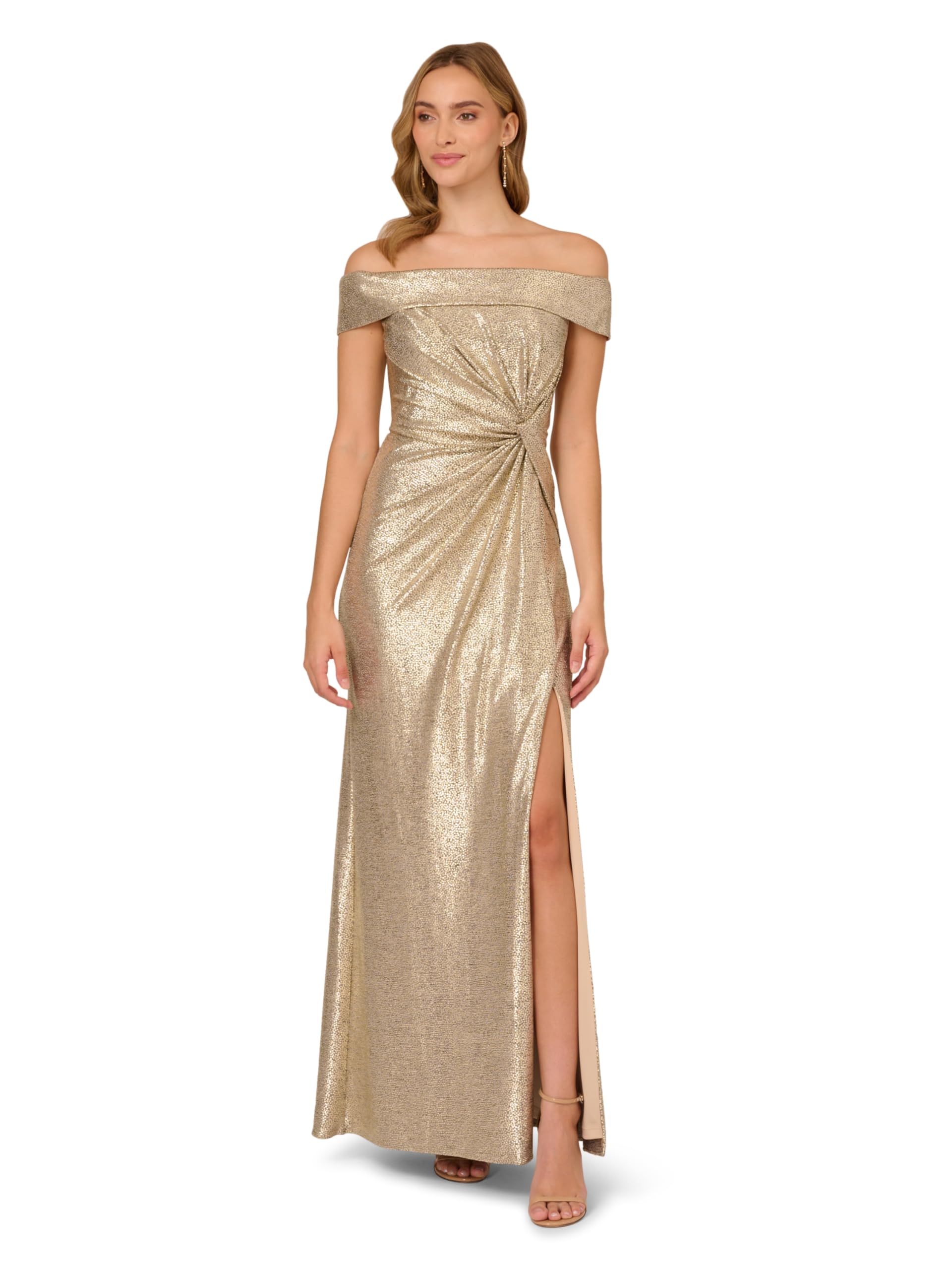 Photo 1 of Adrianna Papell Women's Off Shoulder Matelasse Gown | Floor Length Formal Dress with Metallic Accents & Back Slit