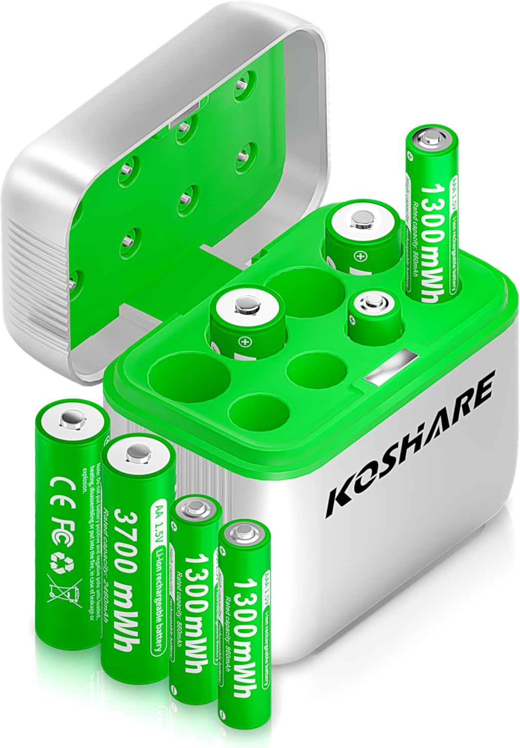 Rechargeable AA AAA Batteries Lithium with Charger,8Pcs 1.5V Li-ion Batteries with 4 * 3700mWh AA and 4 * 1300mWh AAA,1200 Cycles,Pre-Charge,Type-C and 8 Slot Charger