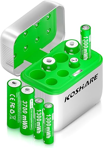 Miniatura 10 de Baterías recargables AA AAA de litio con cargador, 8 baterías de iones de litio de 1.5 V con 4 pilas AA de 3700 mWh y 4 pilas AAA de 1300 mWh, 1200