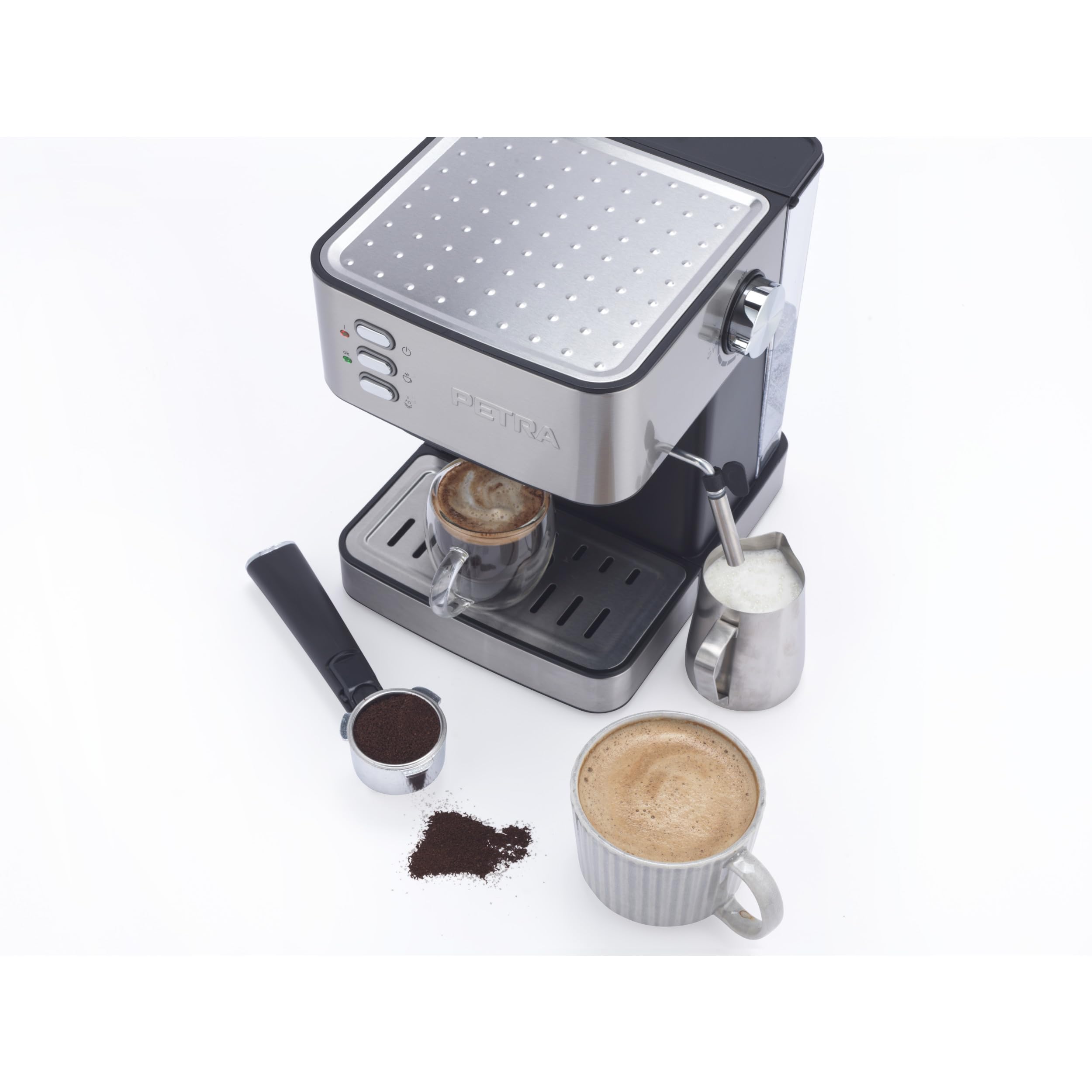 Petra Macchina Espresso Manuale con Montalatte – Compatibile con Caffè Macinato, Pompa Italiana a Pressione da 15 Bar, Serbatoio d'Acqua Rimovibile da 1.6L, Include Portafiltro, 850W, PT6137VDE