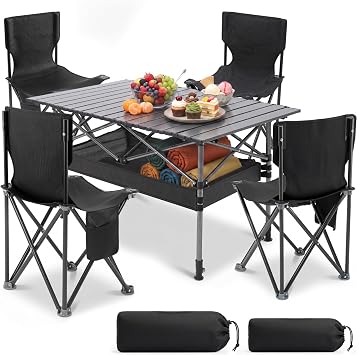 Black 5 Pcs Folding Camping Table and Chairs Set Portable Aluminum Lightweight Camp Table with Mesh Bag 4 Oxford Cloth Folding Chairs for Outdoor Camping Backyard BBQ Picnic