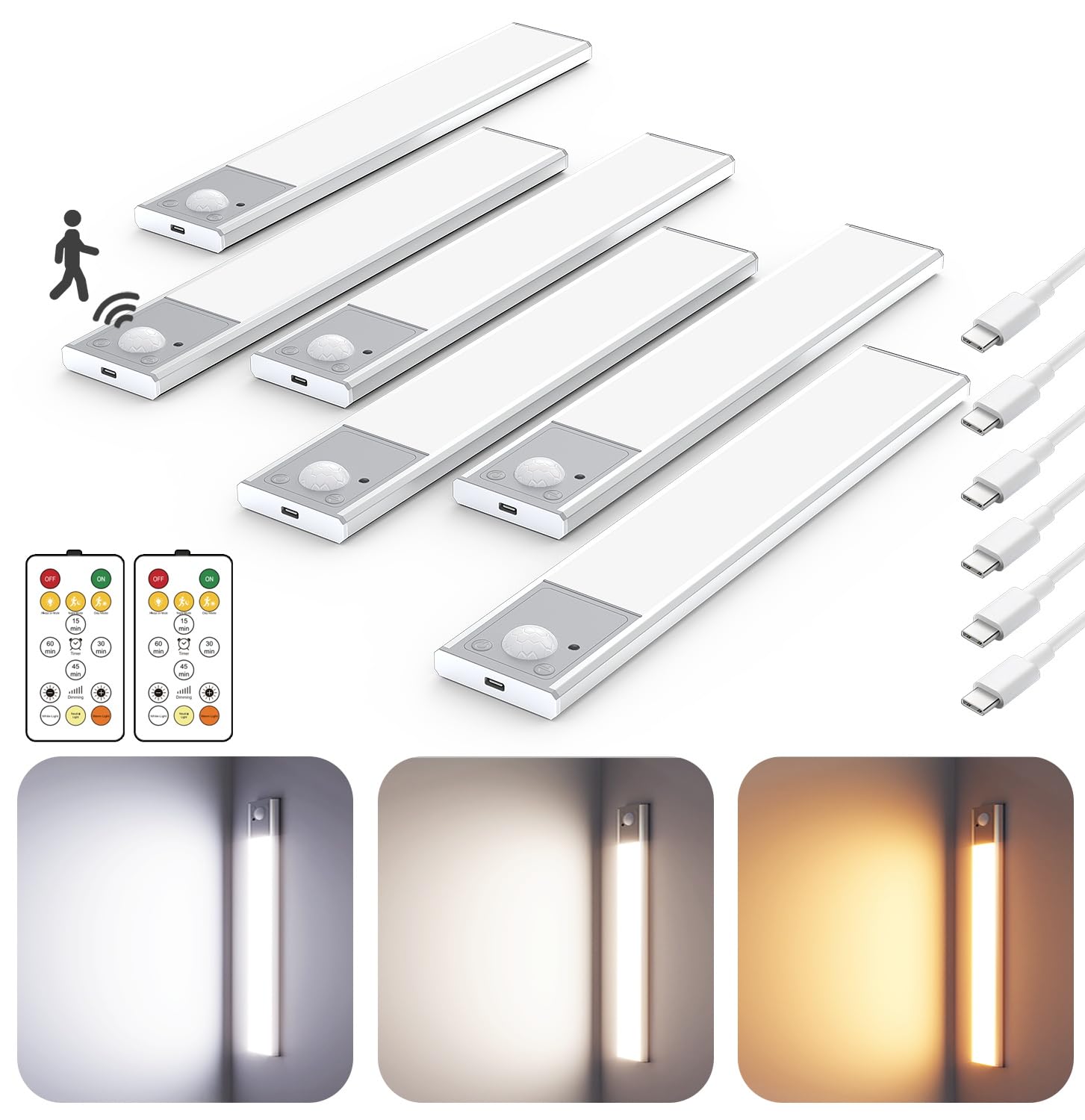 38 LED Unterschrankbeleuchtung, kabellos, mit Fernbedienung, 21,6 cm Bewegungsmelder, wiederaufladbar, Unterschrankbeleuchtung, magnetische Schrankleuchten, batteriebetrieben, Unterbauleuchten für