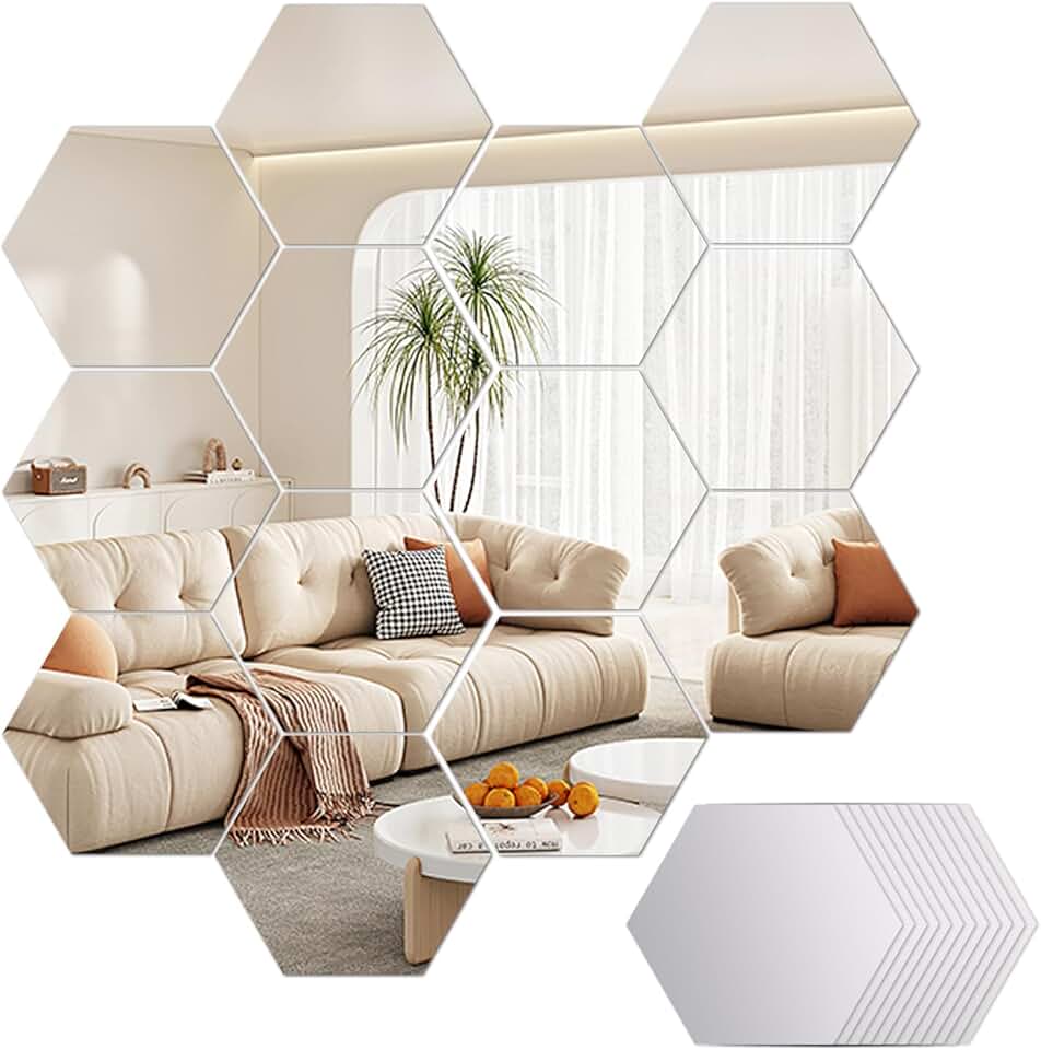 12 Stück Spiegelfliesen Selbstklebend, Hexagon Spiegel zum Kleben, Klebespiegel Fliesenspiegel Acryl