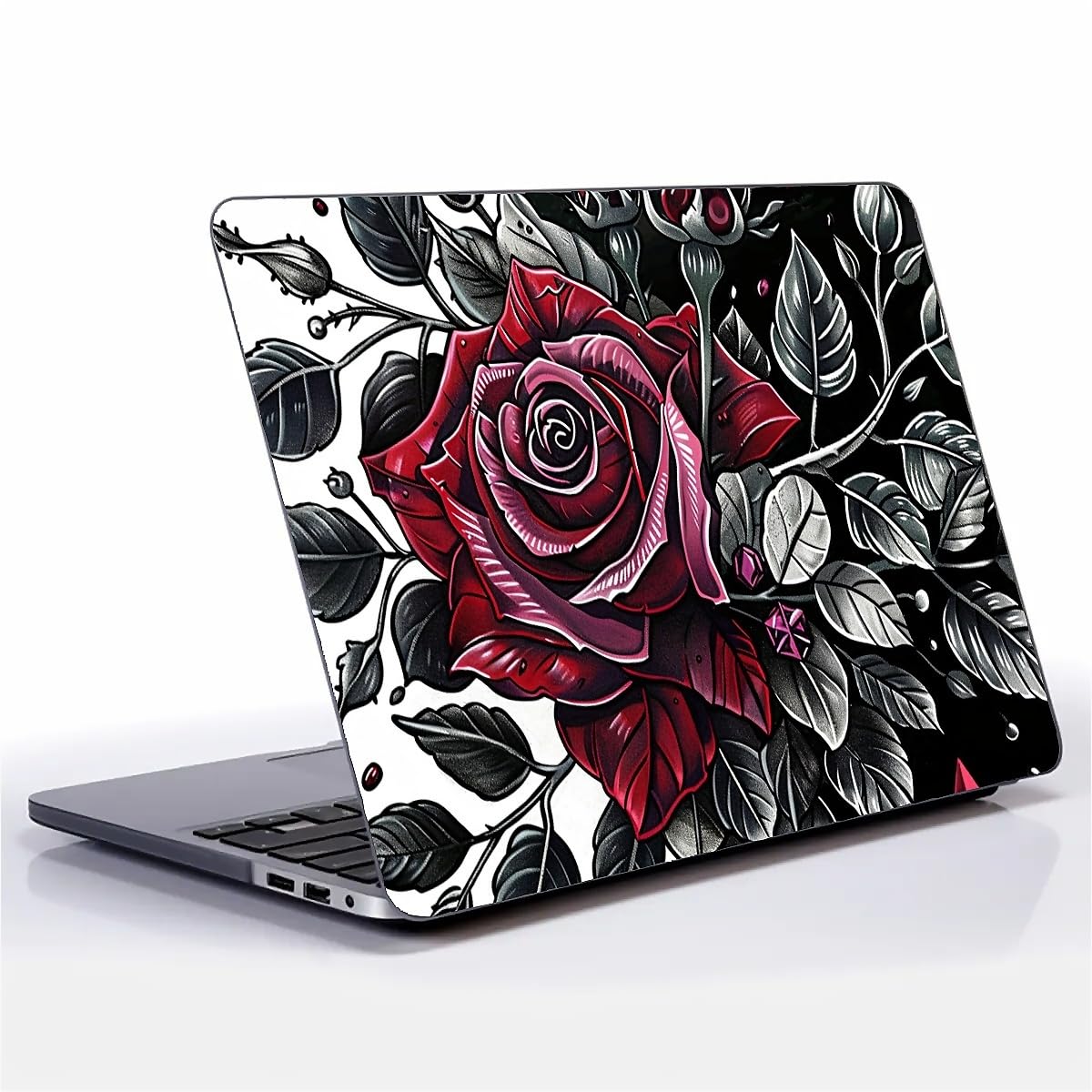 FKBRCL4U for MacBook Air 13 Inch Case, Black Case Red Diamond Rose Branches Pattern 2018/2020 Version of A1932/A2179/A2337 Plastic Hard Shell Black