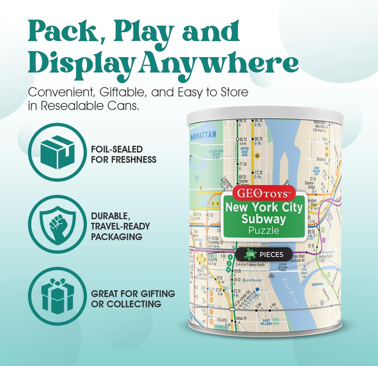 Geotoys New York City Subway Mini Puzzle - 100 Piece Puzzles for Kids and Adults in Portable Can, 13" x 10" Educational Travel Puzzle for Ages 7 and Up - Mini Puzzles to Learn & Explore Geography