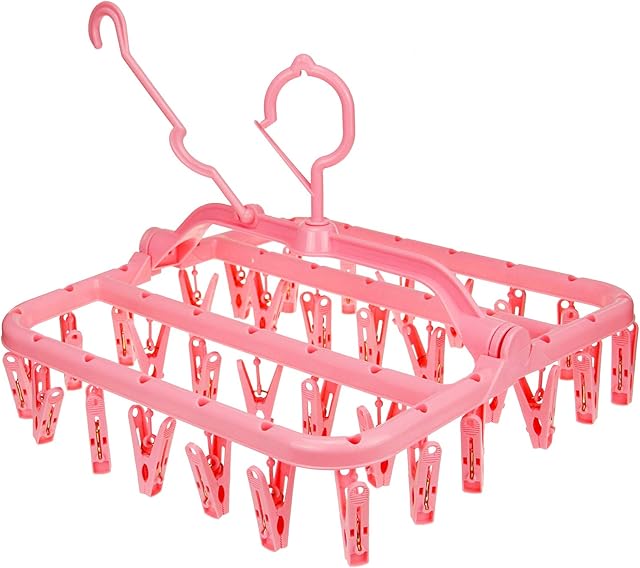 Sock Dryer, Sock Drying Rack with 32 Pegs Laundry Drip Hanger, Foldable Indoor Hanging Dryer with Windproof Hook Clips Drying Rack for Socks Underwear Shoe Insoles Baby Clothes Gloves Hats(Pink)