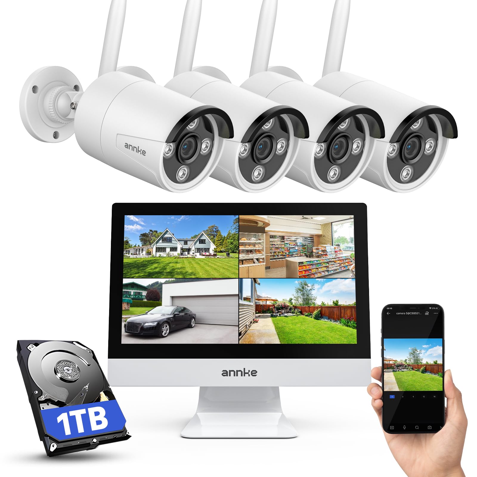 ANNKE 3MP Überwachungskamera Set Aussen WLAN mit 12''Monitor, 10CH 4K Wireless NVR mit 4 Pcs 3MP WiFi Kameras, 2-Wege-Audio, Personenerkennung, 24/7 Aufnahme, 30M Nachtsicht für Aussen, Innen, 1TB HDD