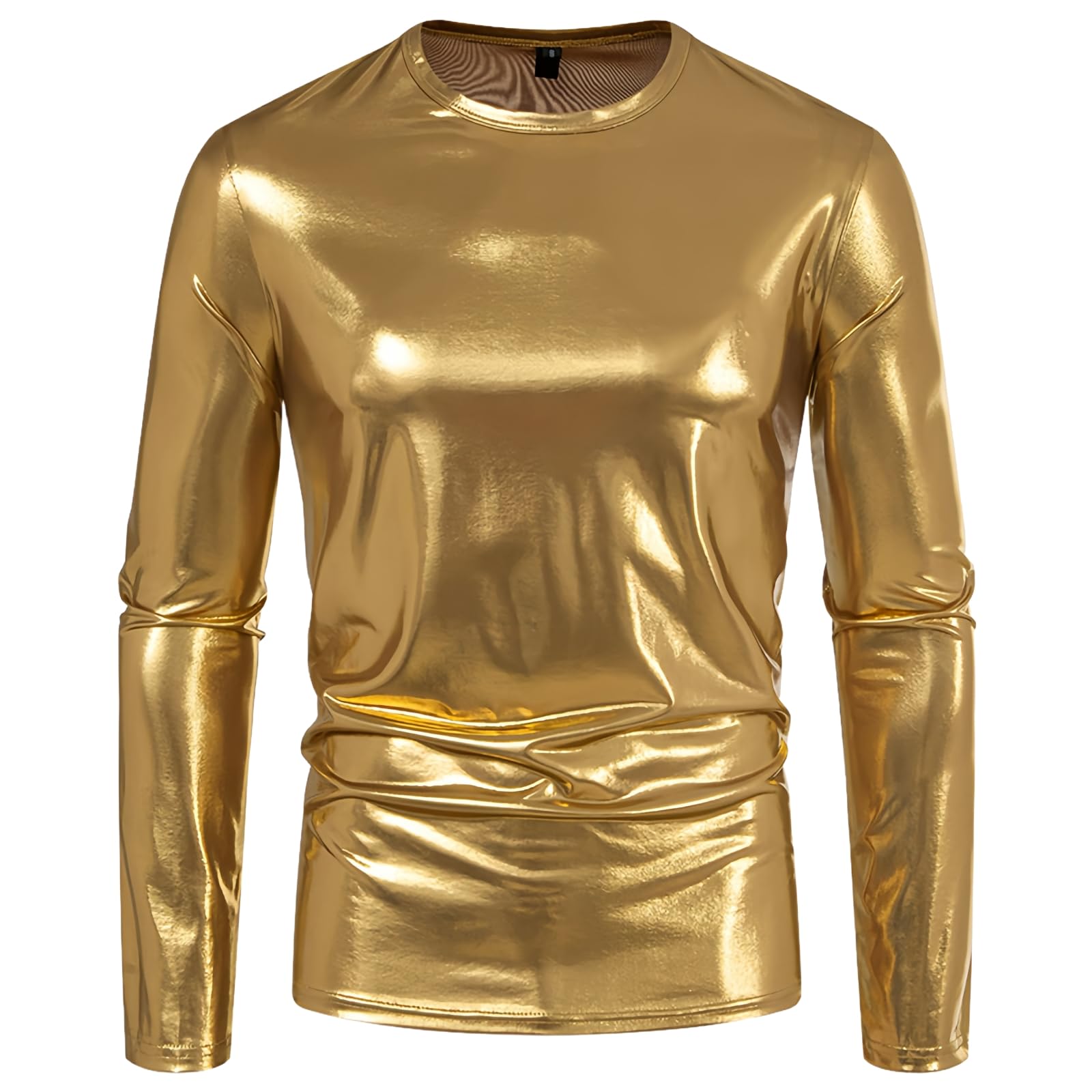 Men's Metallic Shirts, Long Sleeve Shiny Glitter Carnival Tunic Tops, Wetlook Round Neck Sparkly Disco Tee Top for Clubwear, Solid Leather Party Blouse T-Shirt, Slim Fit Casual Vintage Rave Pullovers — image 1