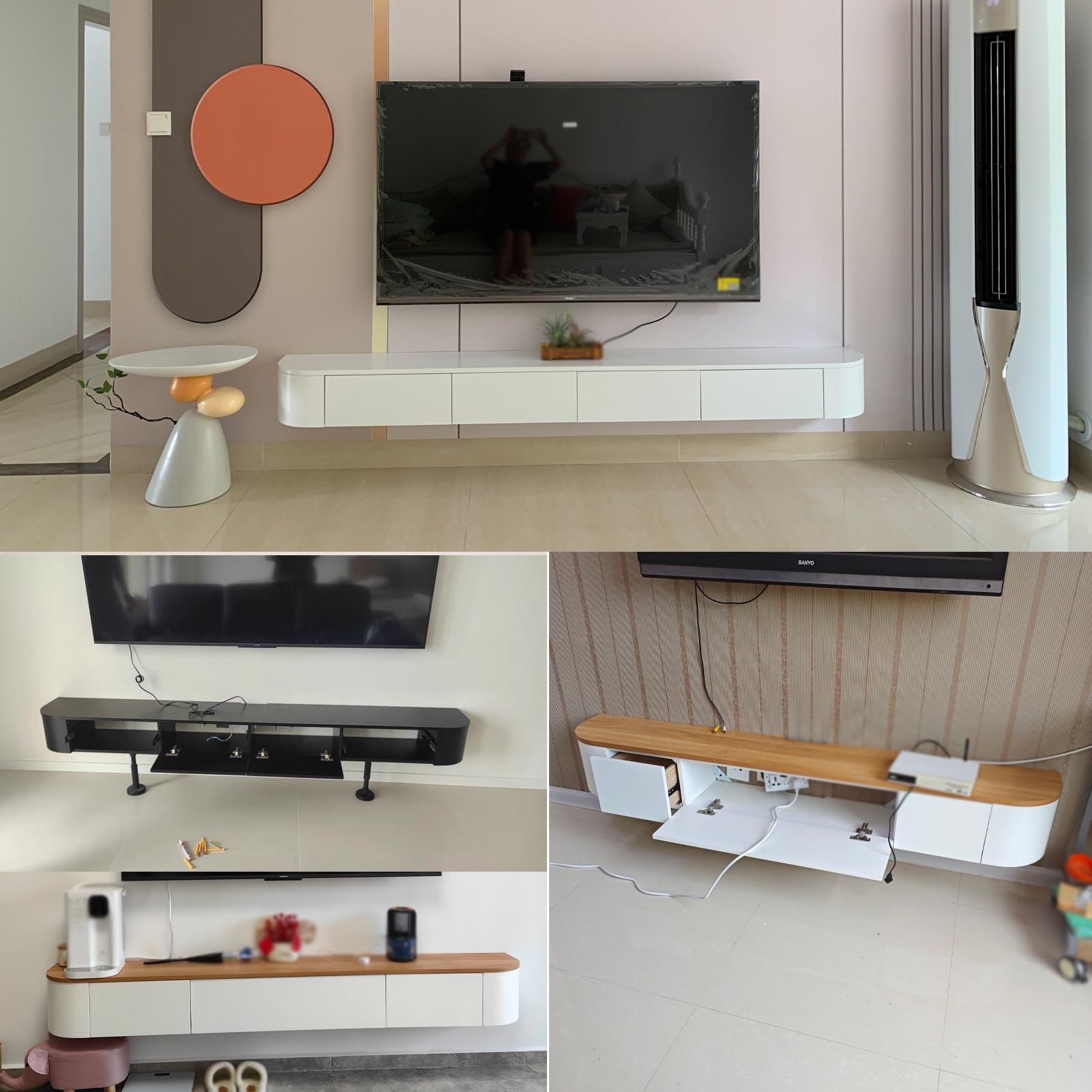 Mueble TV Flotante con Almacenamieno, Mesa De Televisión Suspendida para Pared, Consola Multimedia con Puertas Y Estantes Gran Almacenamiento, Mesa para Salón, Mueble Moderno(Blanco,300cm)