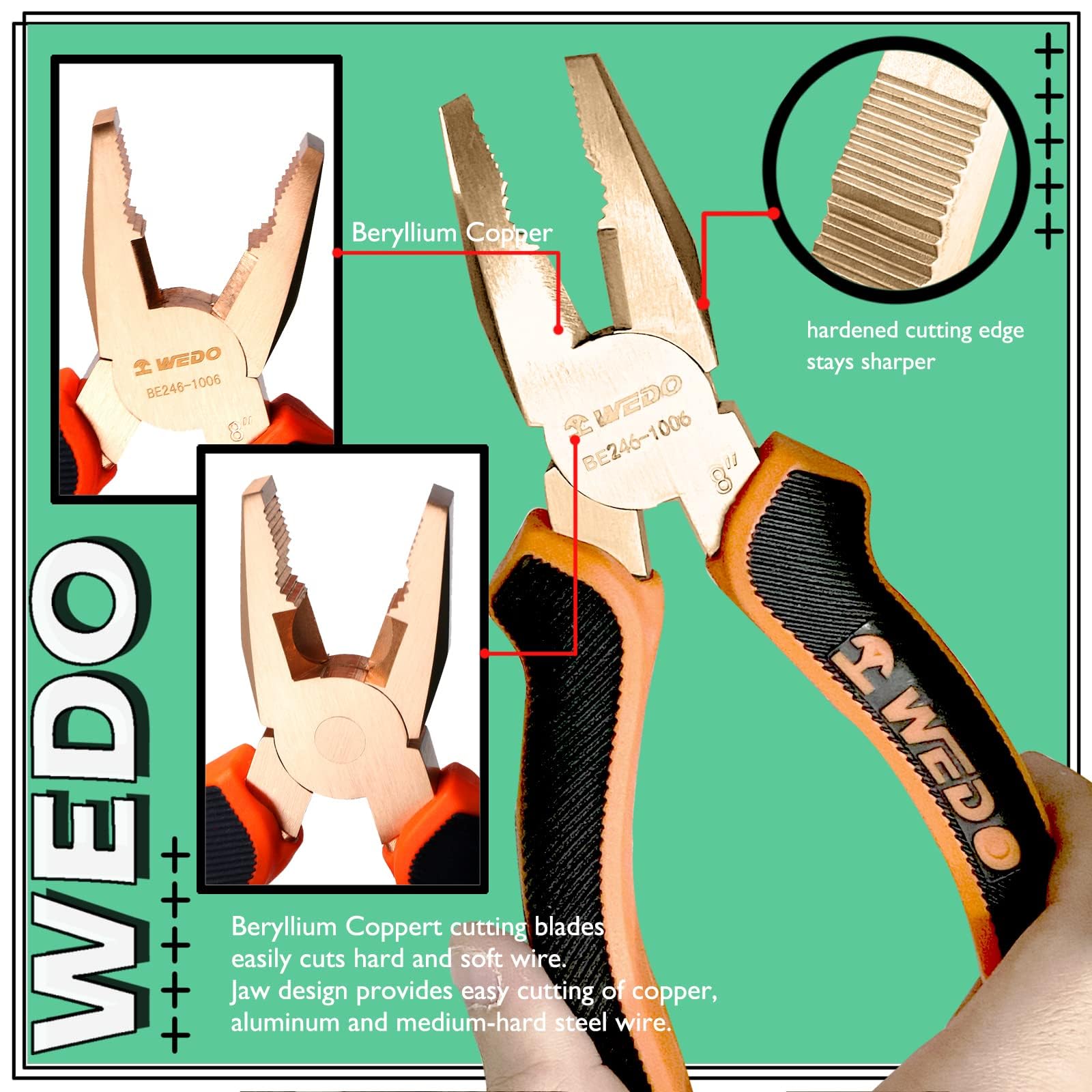 WEDO Lineman - Alicates de corte lateral de seguridad sin chispas (15,2 cm)