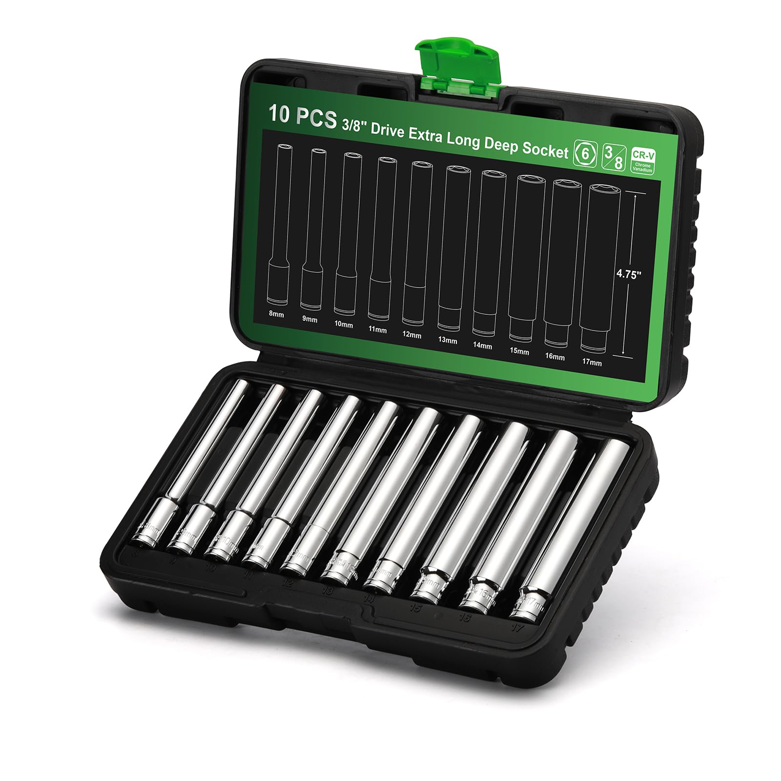 TecoTek 10PCS 3/8-Inch Drive Extra Deep Metric Socket Set, 6 Point, 8mm to 17mm, No Skipped Sizes, 120MM Deep CR-V Socket for Automotive and Industrial Applications