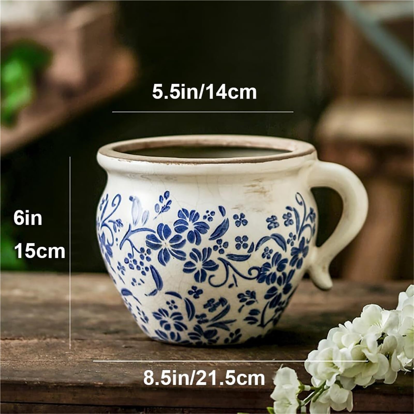 Doniczka Vintage Retro Rustykalna Ceramiczna Doniczka Z Uchwytem - Vintage Pęknięty Wazon Wystrój Ogrodu(Blue2, With Drain)