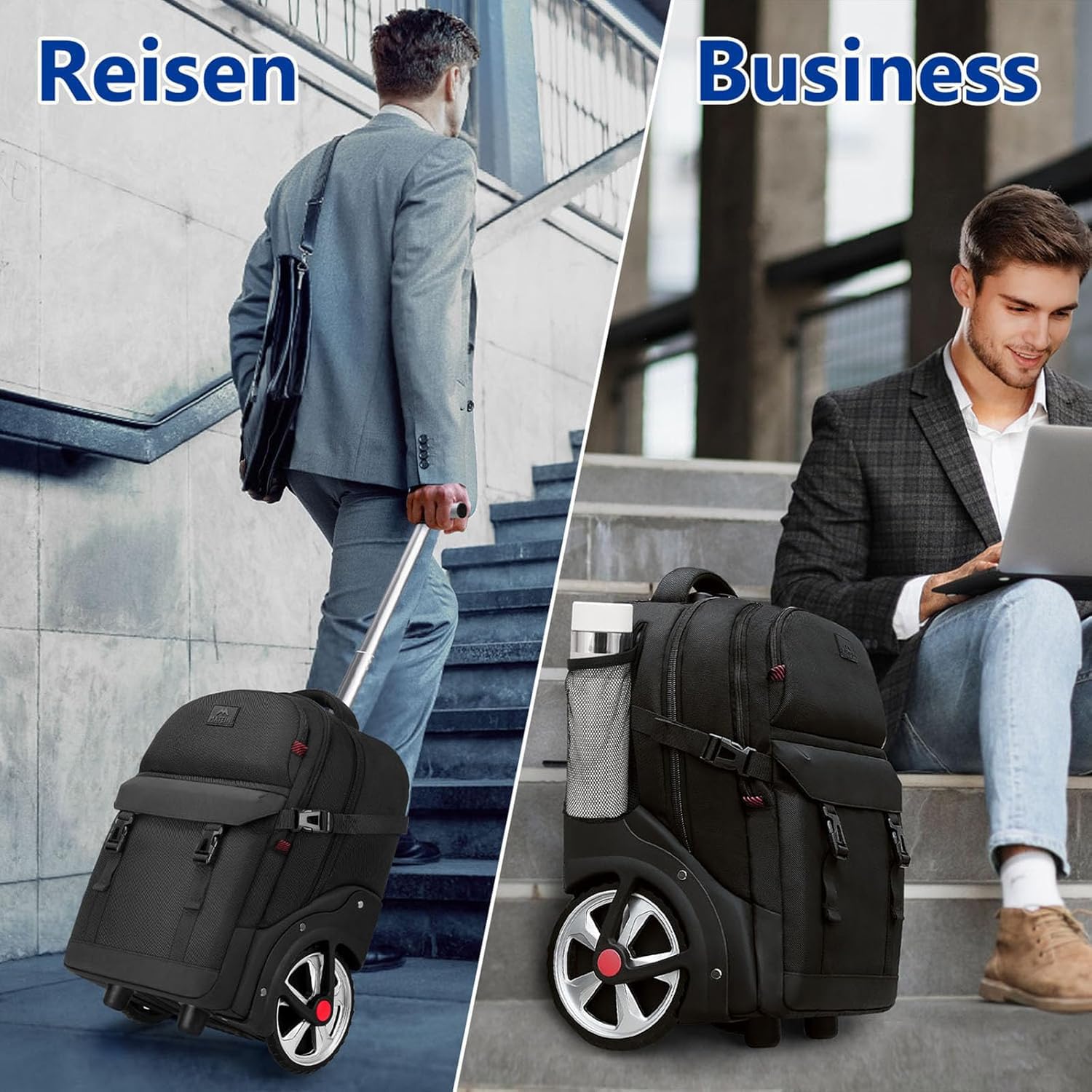 MATEIN Trolley Rucksack mit Rollen, 17,3 Zoll Trolley Rucksack mit Groß Rädern, 50L Reiserucksack mit rollen,Kombinationsschloss, Wasserdichte für Arbeit Reise, Schwarz