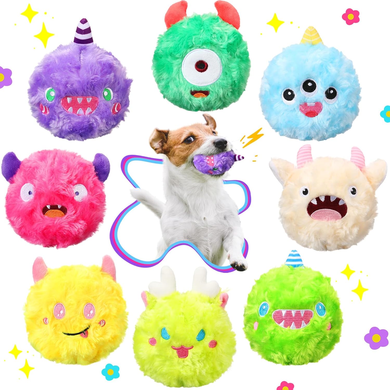 HyDren 8 Pack Christmas Dog Plush Gift Squeaky Dog Ball Toys for Small Medium Teething Puppy 2 In1