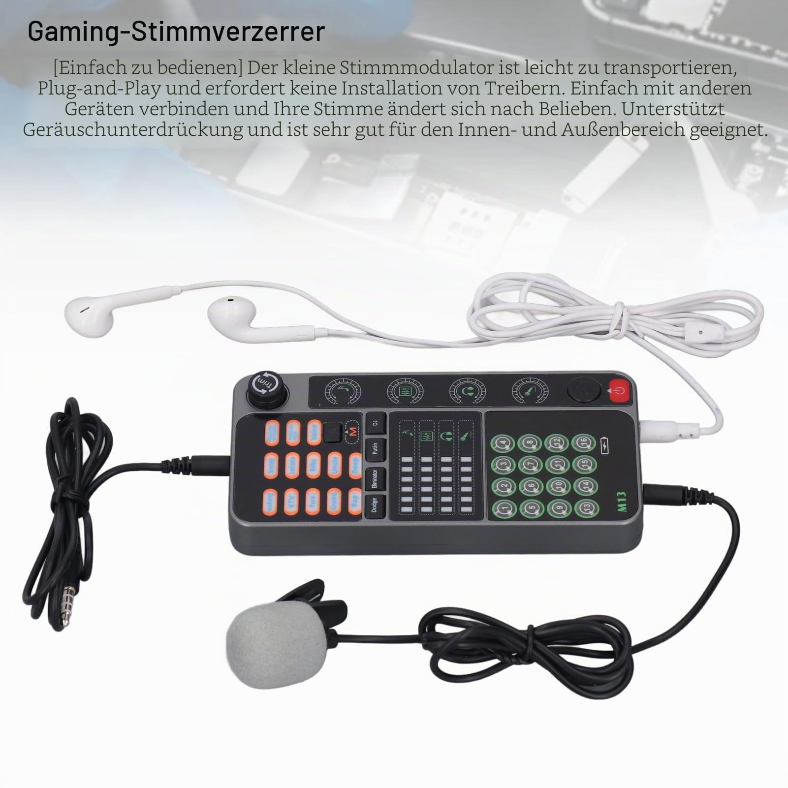 Sprachverzerrer, Tragbarer Bluetooth-Sprachverzerrer mit 16 Soundeffekten, Tragbare Soundkarte, Sprachverzerrer für Live-Streaming