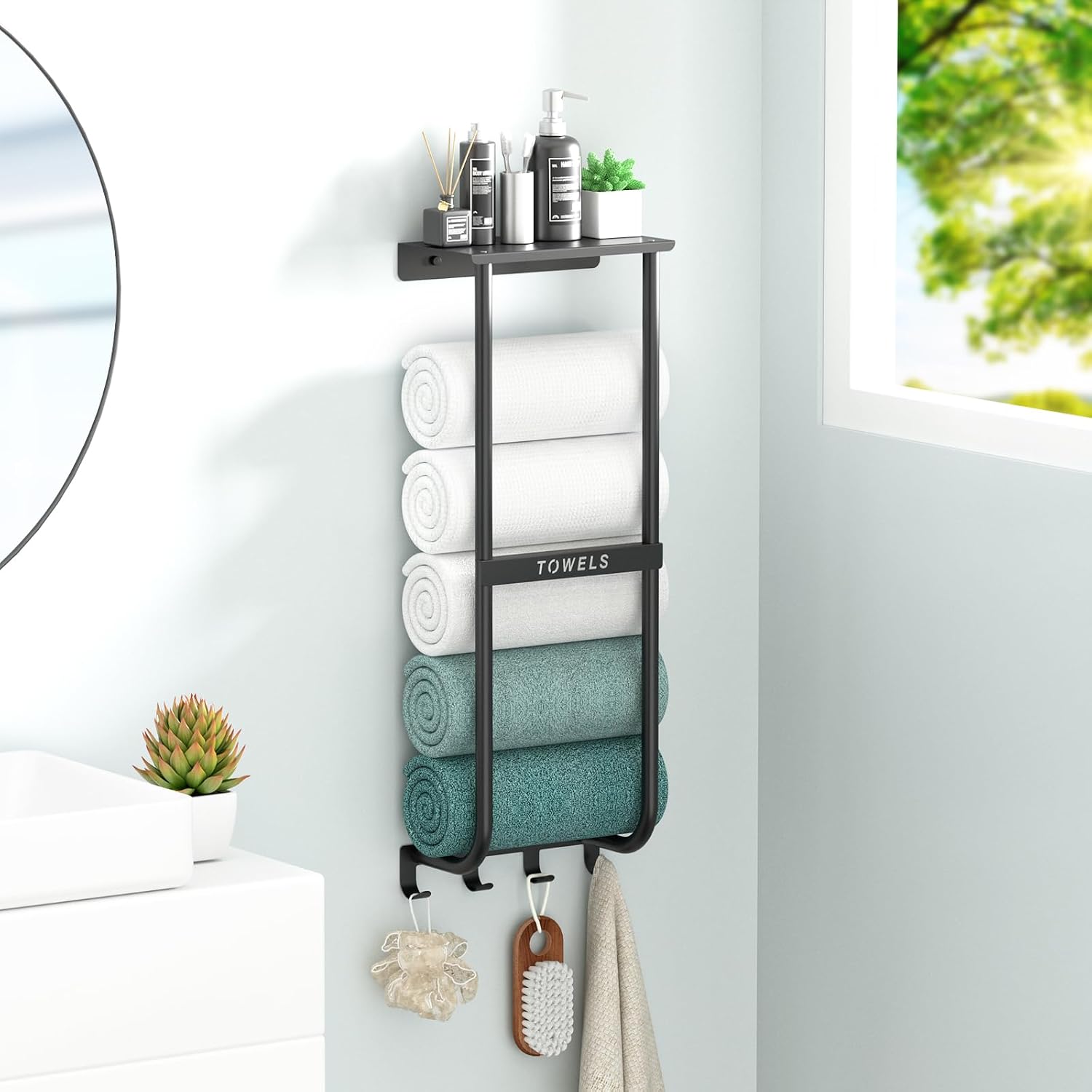 Rxvotoocr Wall Mounted Towel Rack for Bathroom Black Metal Towel Holder with Top Shelf & 4 Hooks, Heavy Duty Storage Organizer for Rolled Towels, Small Bathroom, RV & Laundry Room