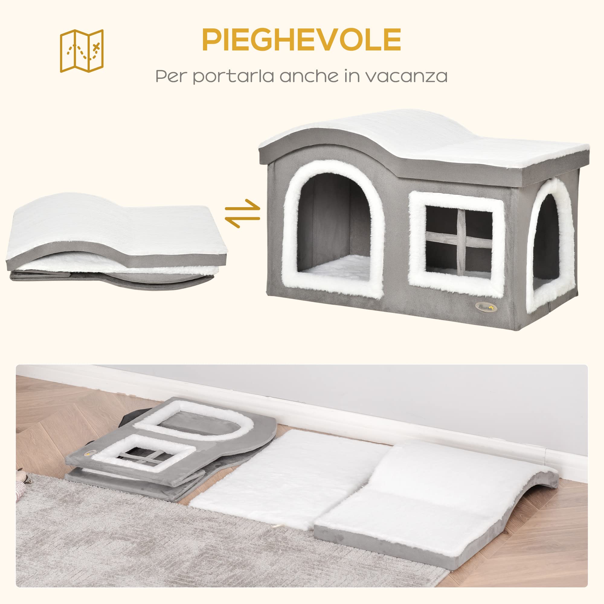 Pawhut Casetta per Gatti da Interno con 2 Entrate e Finestra, Cuscino e Base Antiscivolo, 63.5x37x40cm, Grigio