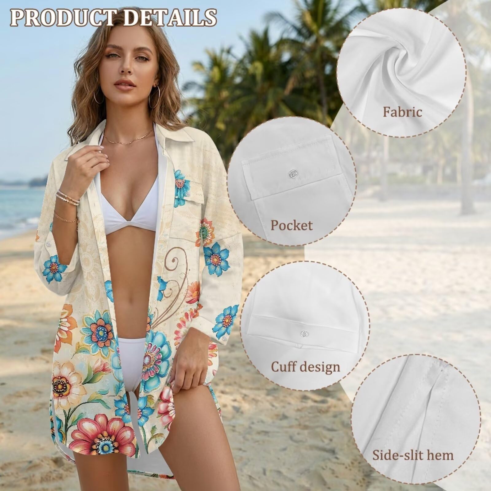 Camisa de playa para mujer, para verano, traje de baño, con botones, vestido de playa para mujer