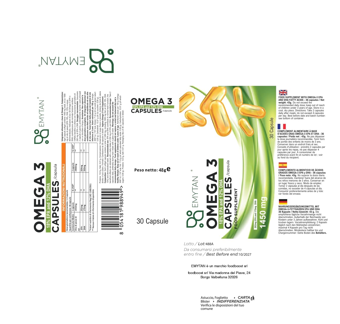 Omega 3 Alto Dosaggio 1450mg - 18% EPA e 12% DHA - Integratore Olio di Pesce Purificato - Supporto Funzione Cardiaca, Vista e Cerebrale - 180 Capsule