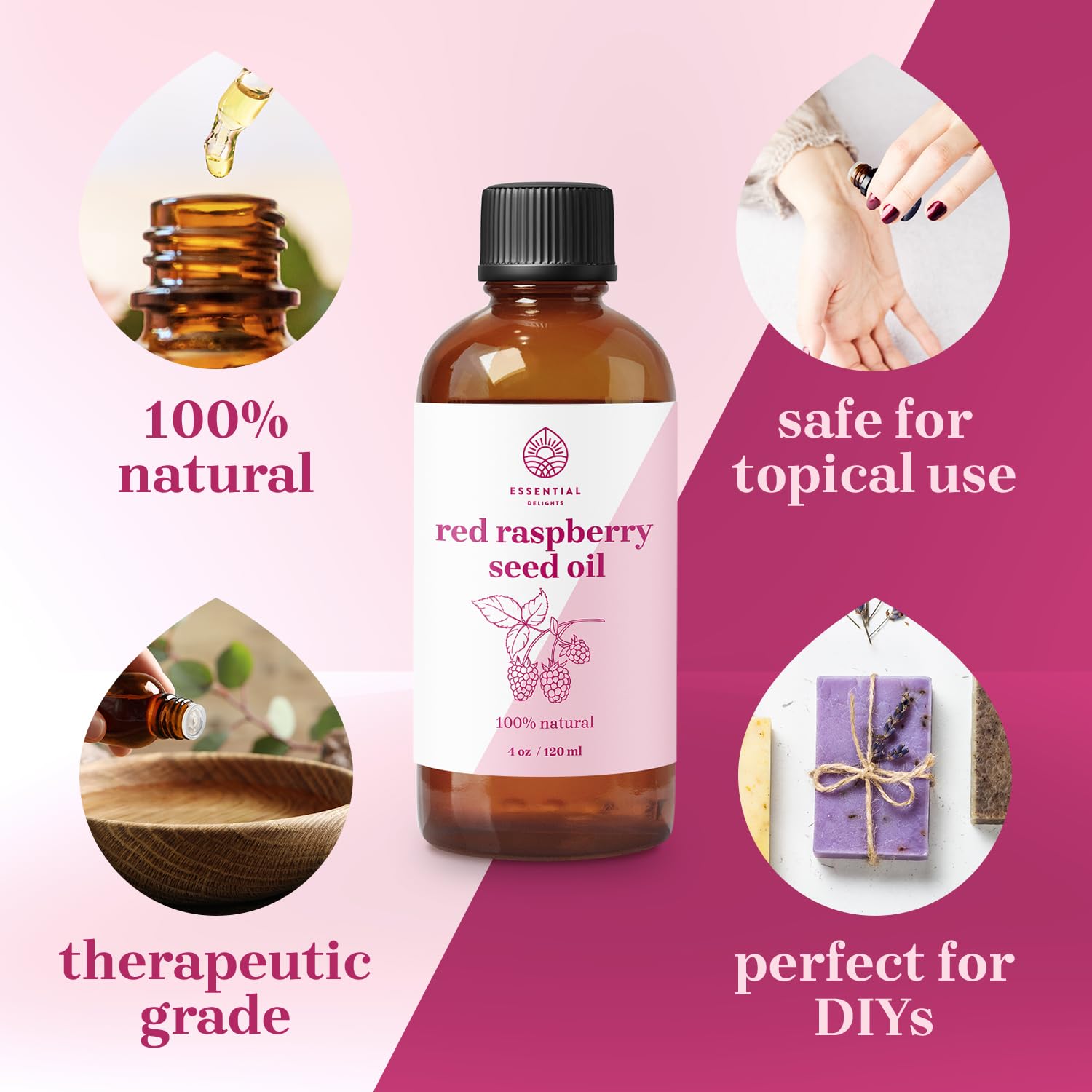 Red Raspberry Seed Oil Cold Pressed Carrier Oil | for Skin, Face, Body, Hair Revitalization | Vegan & Cruelty Free (4 Fl.Oz.)