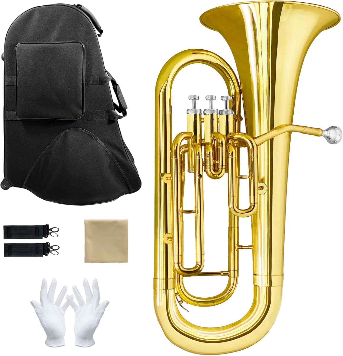 Bb Euphonium for Beginners & Pros - Premium Brass Instrument with Hard Case, Mouthpiece, Cleaning Kit & Gloves. Ideal for Brass Band, Solo & Ensemble. Superior Sound & Durability
