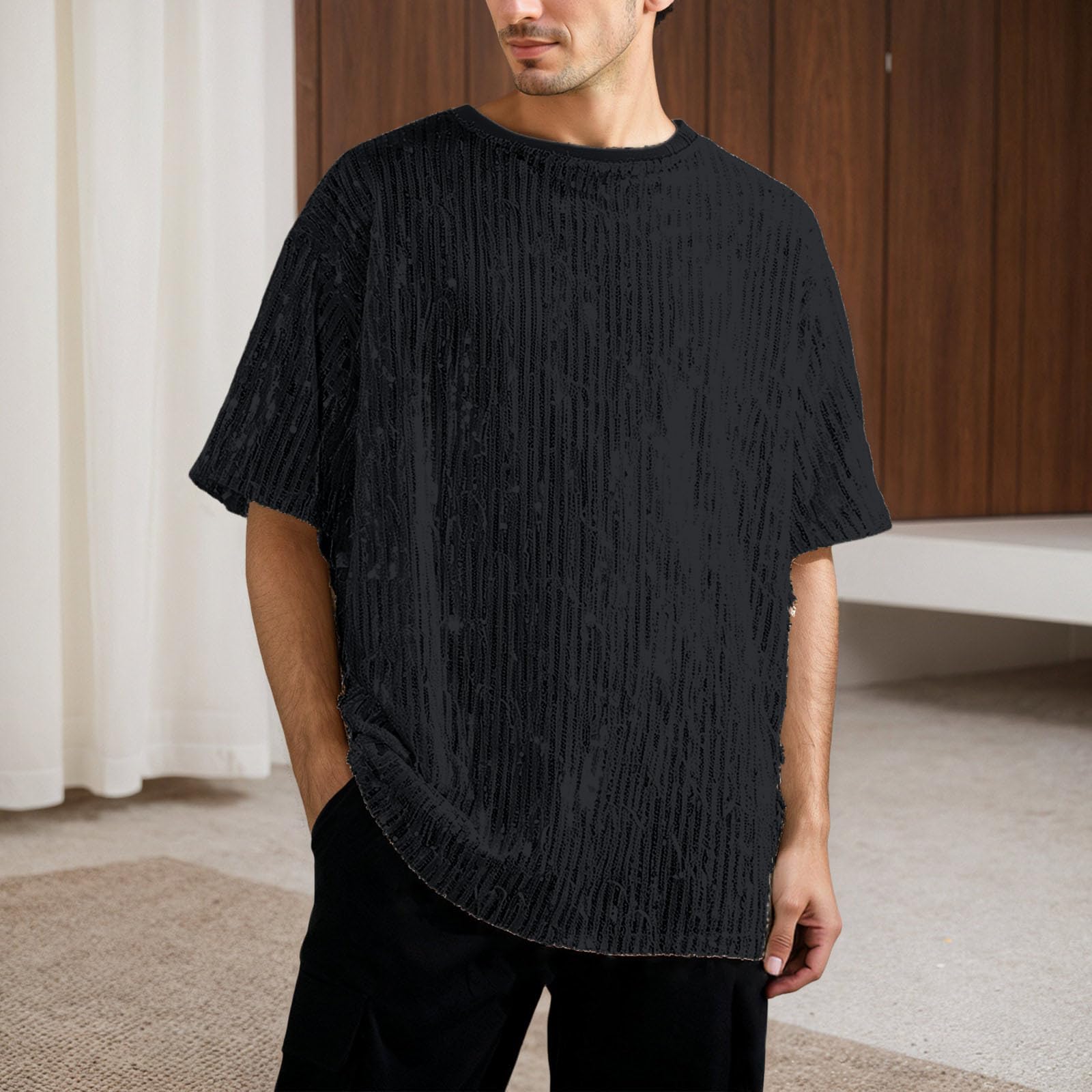 Generico T Shirt Uomo Cotone Slim Fit Maglia Magliette da Elastico Undershirts Seamless Regular Traspirante Maglietta a Maniche Corte Casual con Decorazioni Frange e Paillettes per Giornalieri