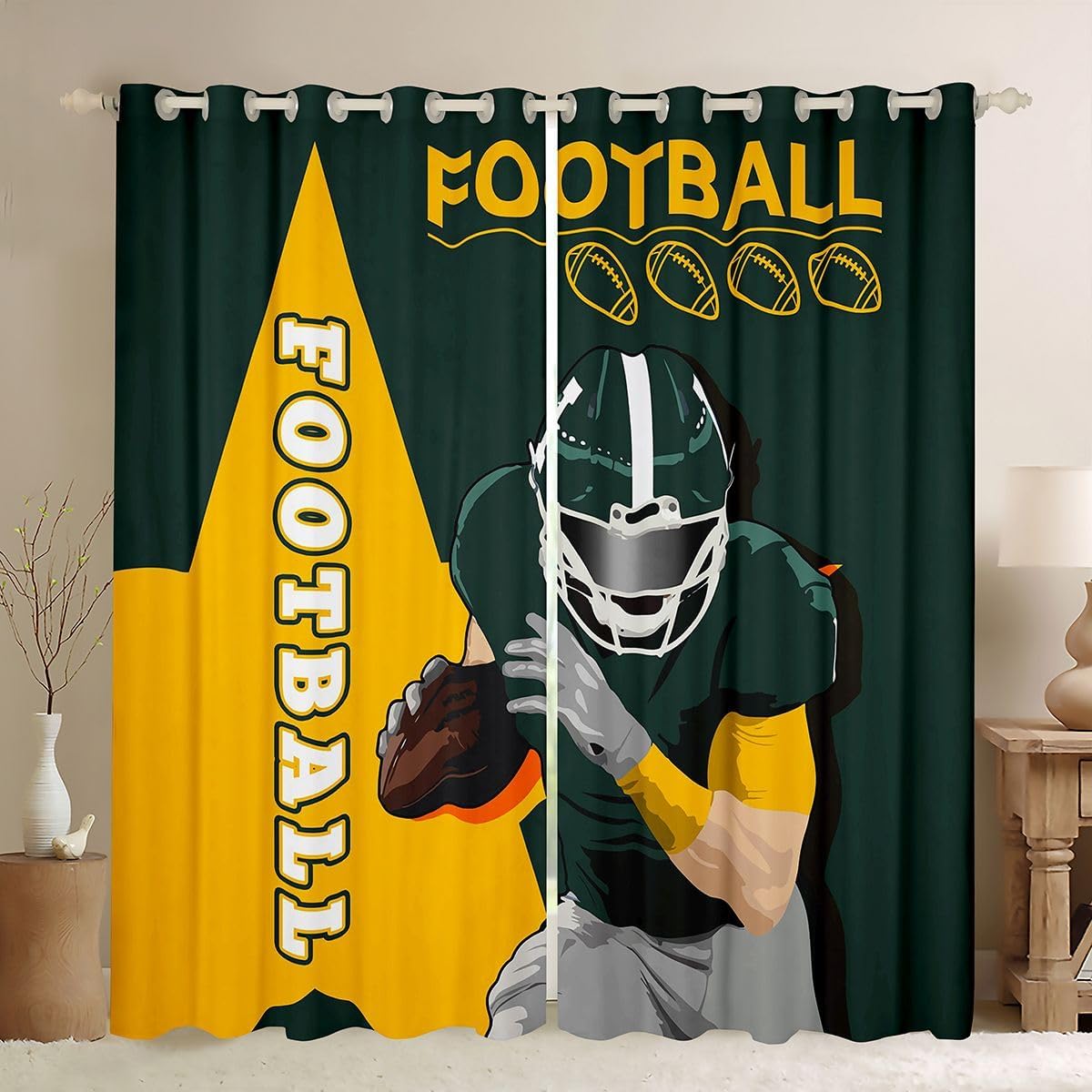 Feelyou Football Blackout Curtains (2 Panels, 52 x 84 Inch) Rugby Sports Curtains for Bedroom Living Room Women Men Football Player Window Treatments