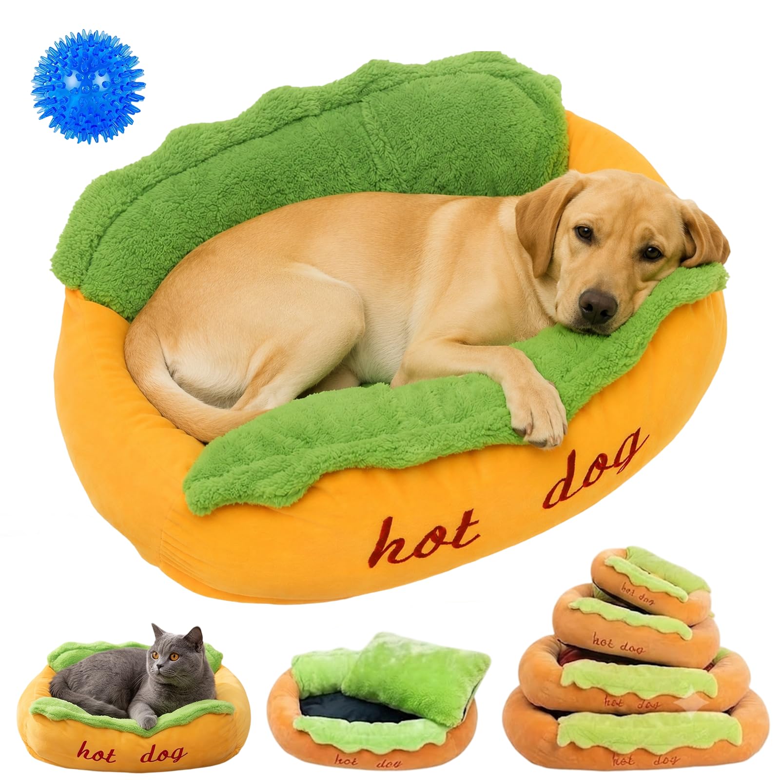 Hot Dog Hundebett, Hot Dog Bett für Dackel, lustiges Hot Dog Neuheit Haustierbett mit abnehmbarem waschbarem Bezug & rutschfester Unterseite, weiches Plüsch-Hotdog-Dutt-Hundebett für Dackel und kleine