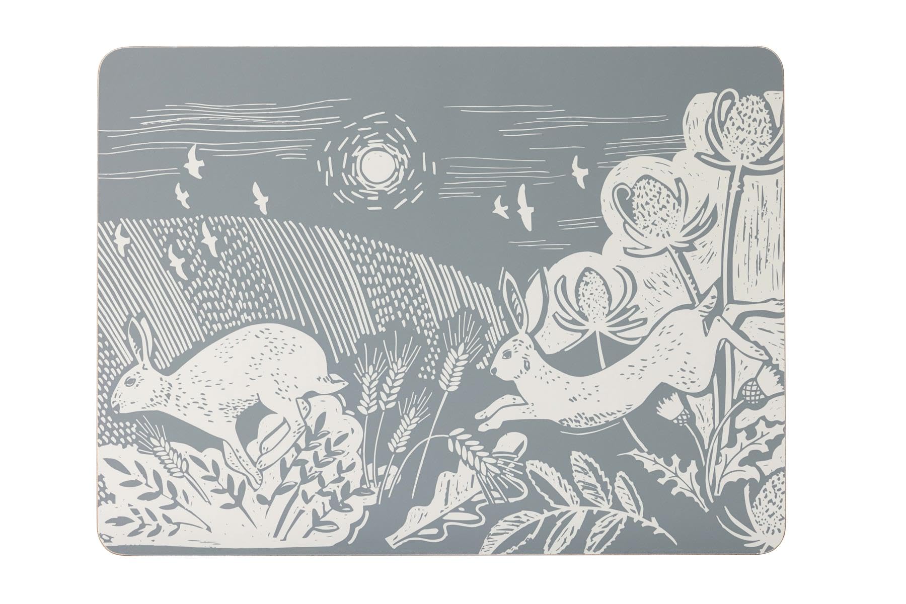 Maison & White Grey, Cream Cork Backed Placemats With Hare Design, Grey And Cream Nature Scene, Set Of 4