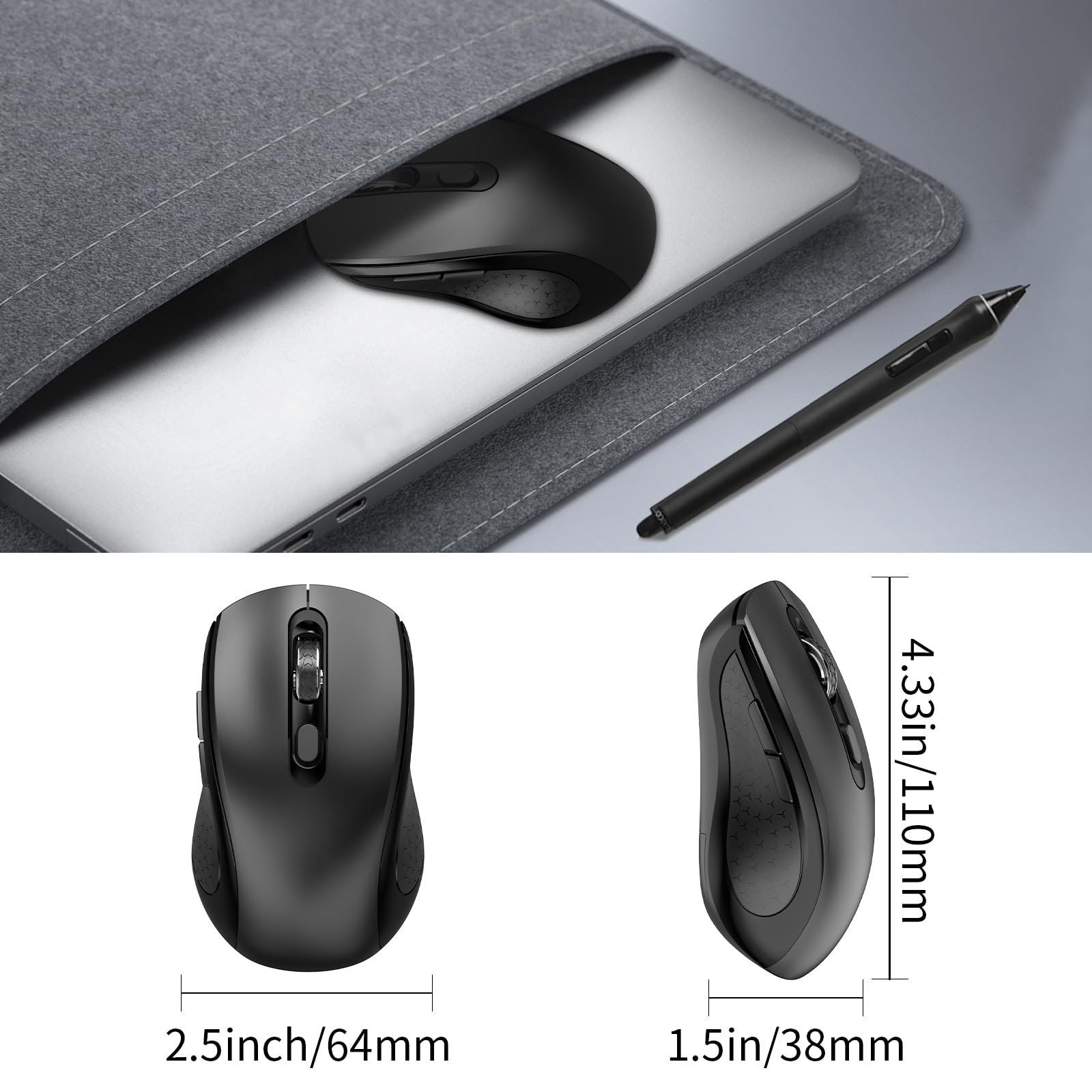 Bezprzewodowa mysz do laptopa, komputera, Chromebooka, Maca, MacBooka, cicha, bezprzewodowa mysz z odbiornikiem USB Nano, przycisk boczny, 2400 DPI, rolka antypoślizgowa, 6-przyciskowa, ergonomiczna,