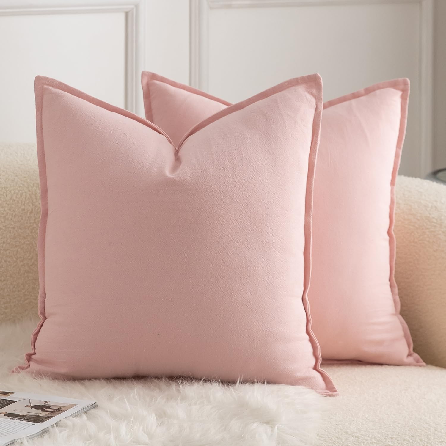 Mandioo Pack of 2 Neutral cotton Cushion Covers 65x65 cm 26x26 inch Solid Decorative Couch Throw Pillowcase Boho Farmhouse Home Decor for Sofa Living Room Bed Bedroom Pink