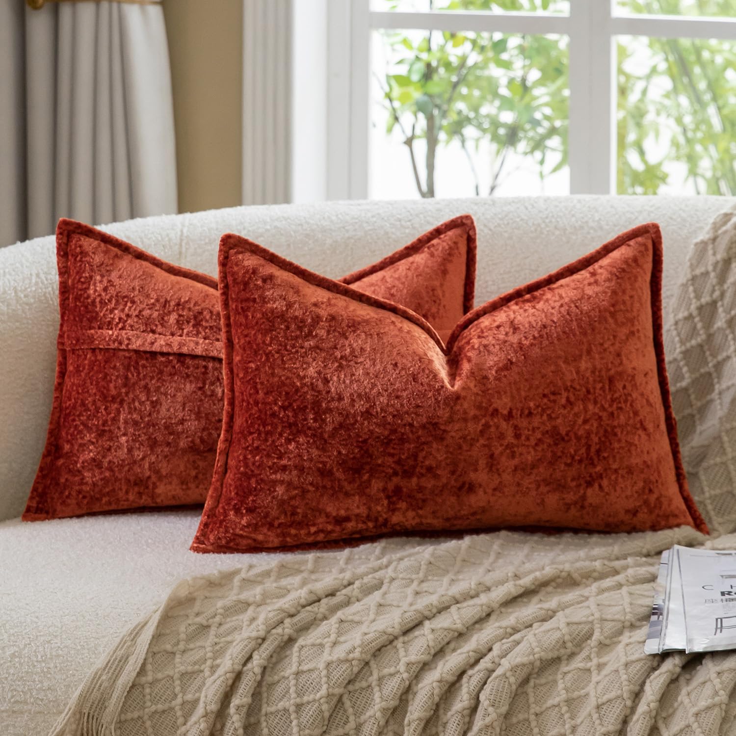 Madizz Decorative Vintage Chenille Cushion Covers Pack of 2 Plaid Couch Pillows Neutral Boho Farmhouse Pillow Cases Home Decor for Couch Sofa Bedroom Living Room 30x50 CM, Red Orange