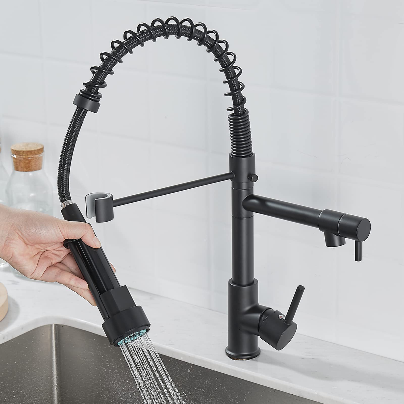 Grifo de cocina con ducha, giratorio 360°, con muelle en espiral, color negro