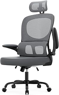 rattantree Ergonomischer Bürostuhl, Schreibtischstuhl mit Verstellbarer Kopfstütze und Armlehnen, C-förmige Lordosenstütze, Drehstuhl mit Rollen für das Home Office, Schwarz und Grau
