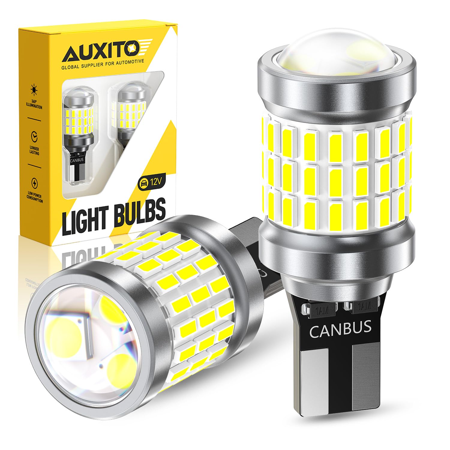 AUXITO 921 LED Bulb Reverse Light, Super Bright 912 906 904 916 W16W T15 LED Bulb with Projector Canbus Error Free Halogen Replacement for Backup Lights Tail License Plate Light, Pack of 2
