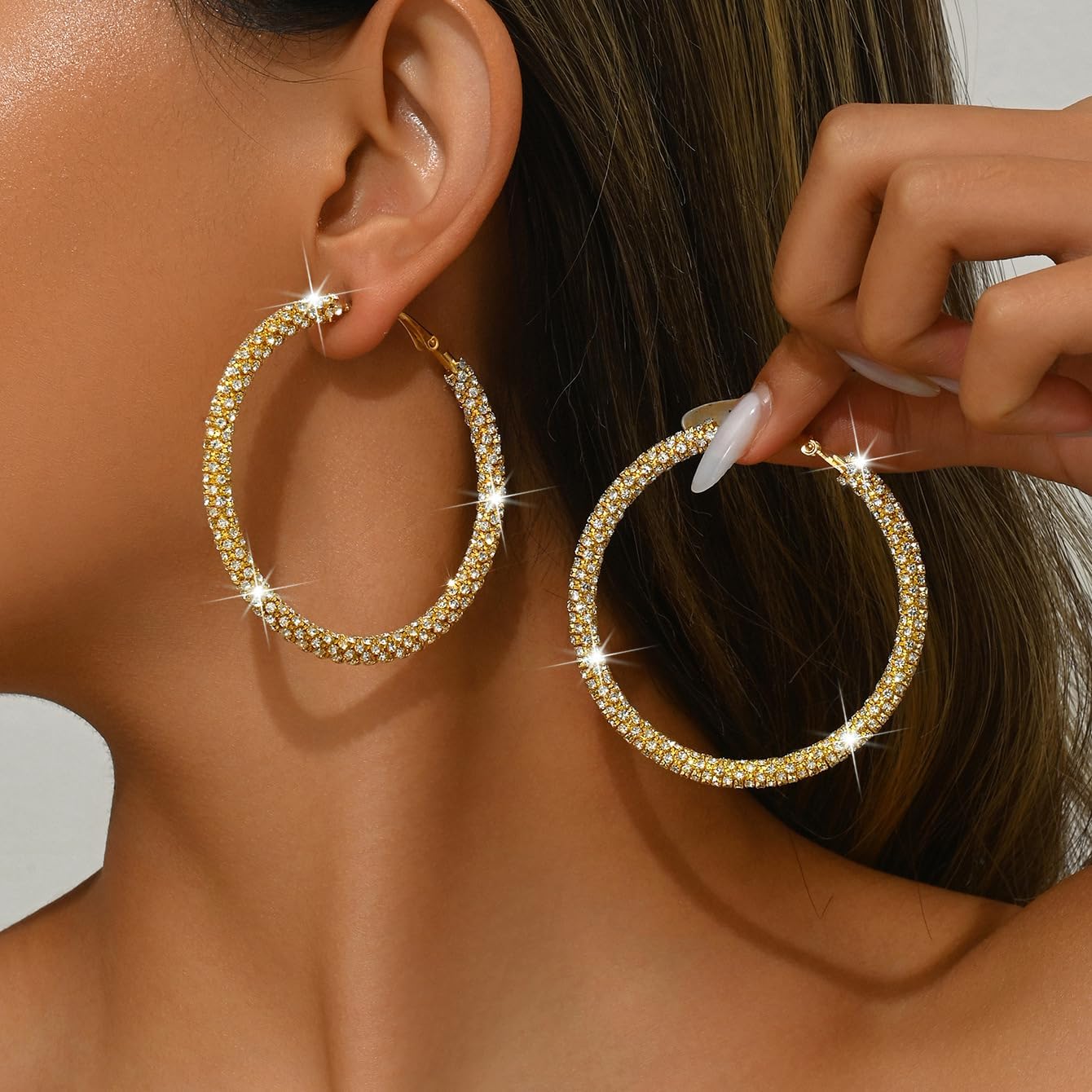 Large Gold Rhinestone Hoop Earrings Silver Sparkly Big Hoop Earrings for Women Black Earring Bling Chunky Silver Hoops 60mm Trendy Statement Earring for Women Bling Hoop for Prom Wedding Party Chunky Jewelry