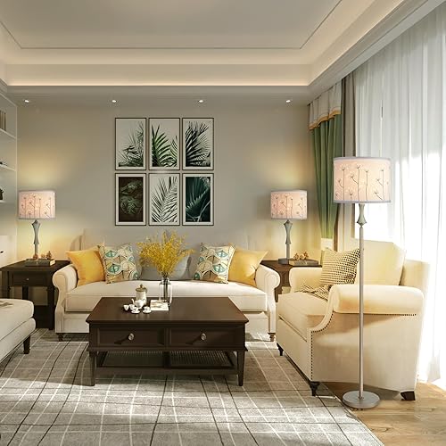 Miniatura 71 de Juego de 2 pantallas marrones, lámparas de mesa y pie de tela mediana, parte superior de 13 pulgadas x 11 pulgadas inferior x 10 pulgadas de alto