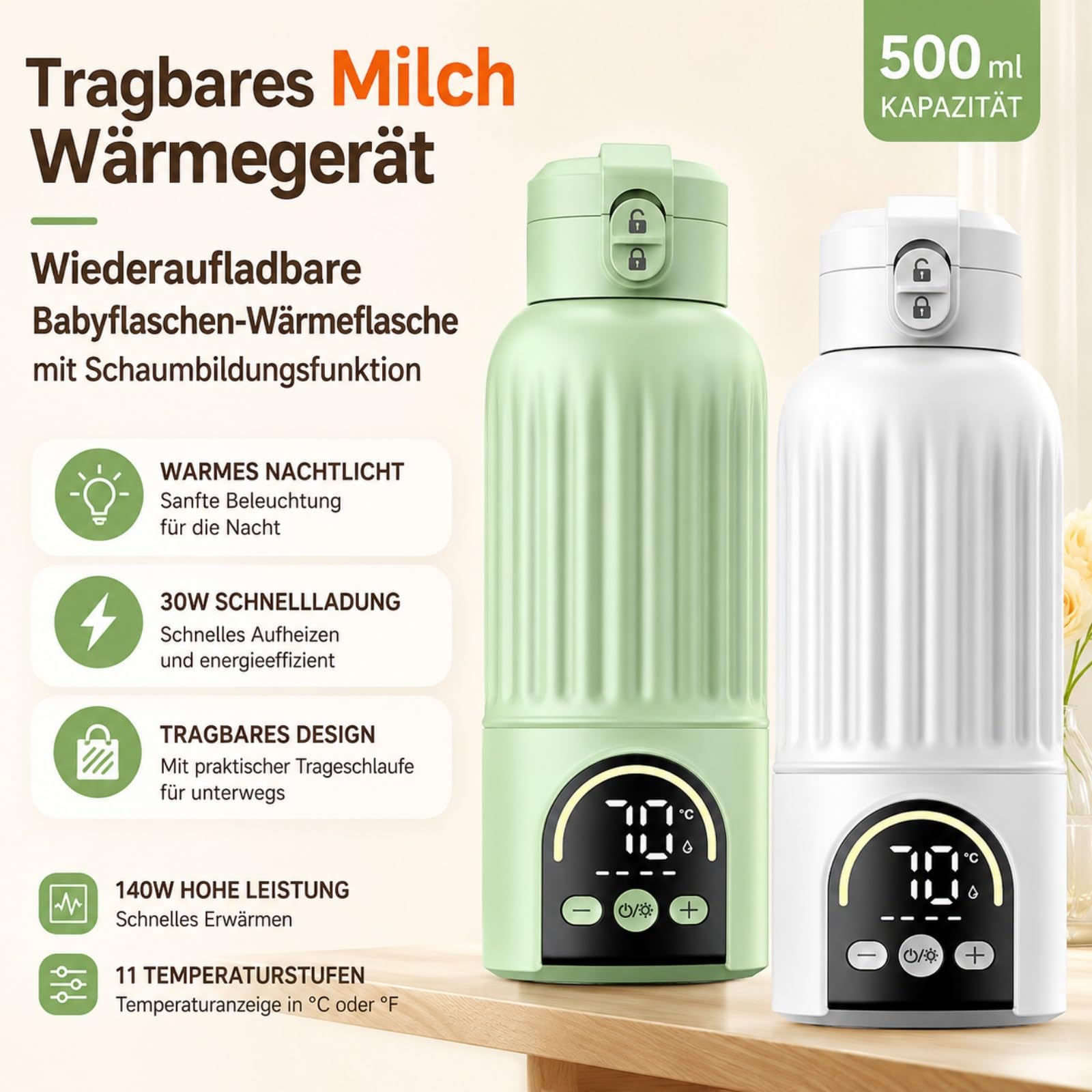 Tragbarer Flaschenwärmer Baby für unterwegs, 500 ml Flaschenwärmer mit 12000 mAh Akku, 140 W Schnellaufheizung, 316 Edelstahl, 11 Temperaturstufen, für Muttermilch und Wasser, Weiß