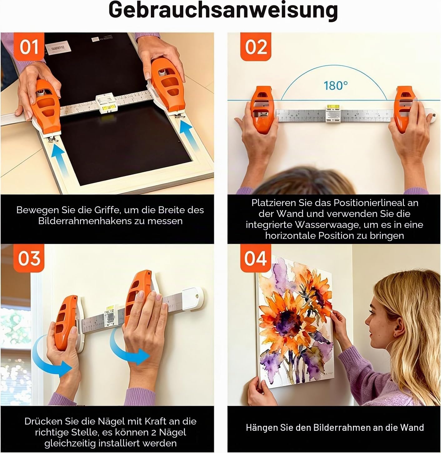 Level Ruler Bilder Aufhängung Tool mit Wasserwaage, 3-in-1 Präzisions Lineal mit Markierfunktion, Einfaches Bilder Aufhängen ohne Fehler, Vermeidet unnötige Löcher, für Rahmen, Spiegel & Wanddeko DIY