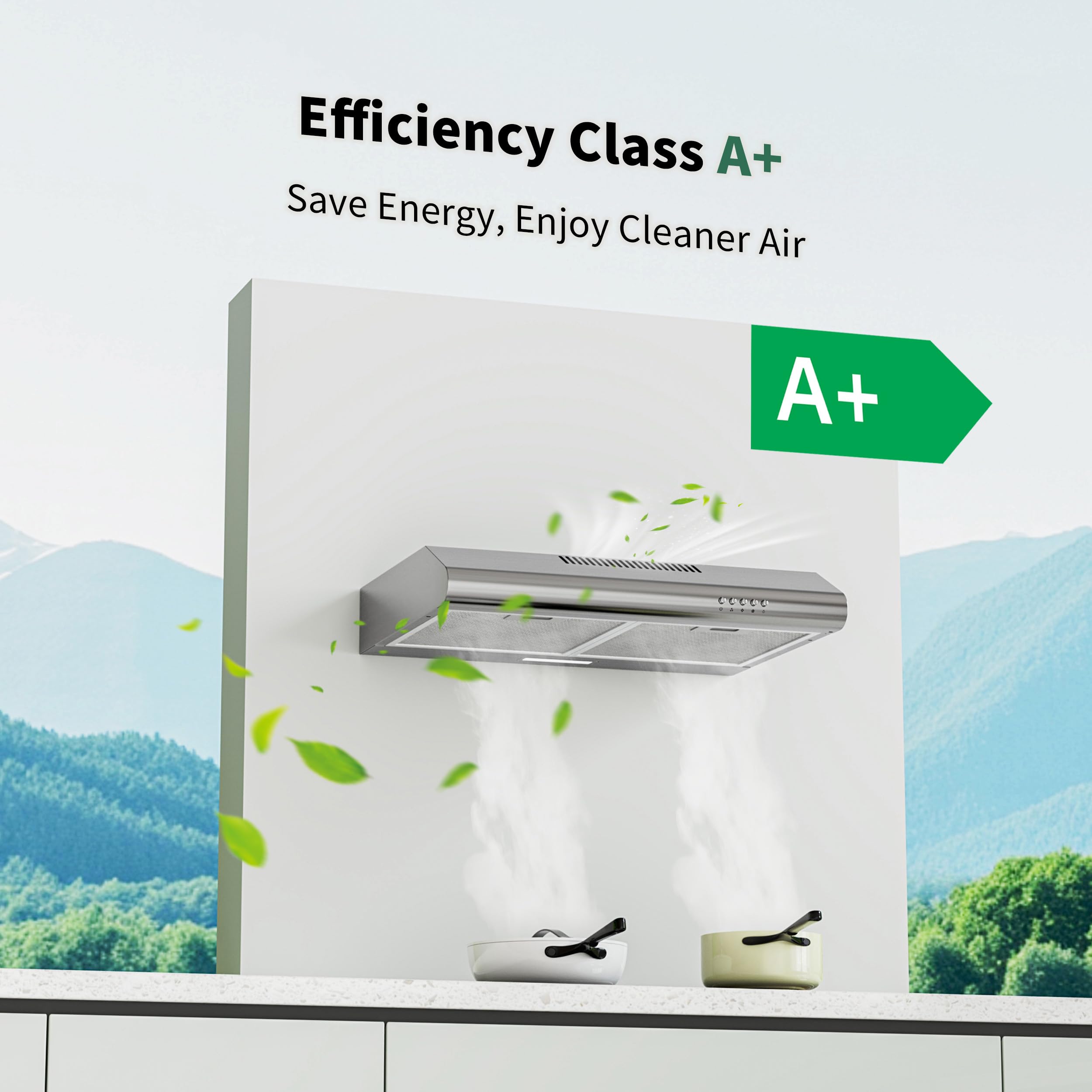 FIREGAS Okap kuchenny 60 cm, tryb obiegu i powietrza wylotowego, 250 m³/h, 3 poziomy mocy, w zestawie filtr węglowy, energooszczędny A+, cichy, oświetlenie LED, stal nierdzewna