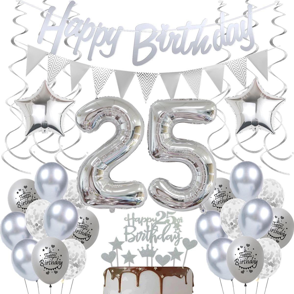 Decoracion 25 Años Cumpleaños Plateados,Globos Cumpleaños 25 Años Plateados,25 Cumpleaños Mujer Decoracion,Globo 25 Años Hombre Cumpleaños Plata,Globos Plata 25 Cumpleaños Decoración Hombre Mujer