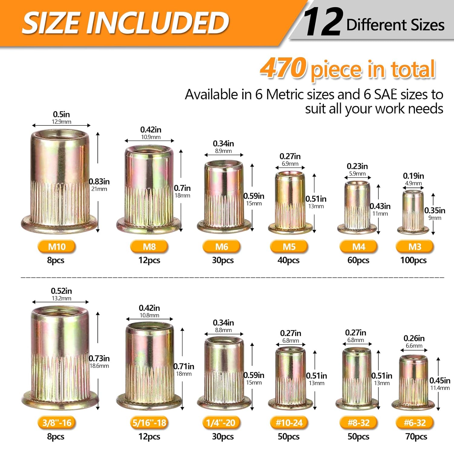 470Pcs SAE & Metric Rivet Nuts Assortment Kit, Zinc Plated Finish Carbon Steel Rivnut, Galvanized Carbon Steel Flat Head Threaded Rivets, #6-32#8-32#10-24 1/4"-20 5/16"-18 3/8"-16 M3 M4 M5 M6 M8 M10