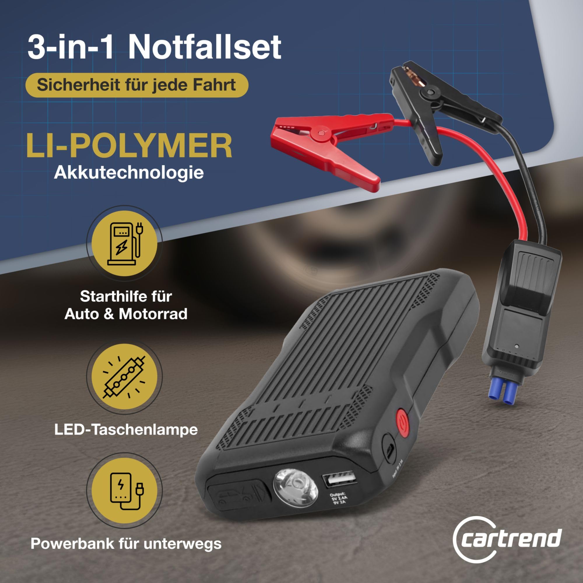 cartrend Jumpstarter mit integrierter Arbeitsleuchte, 3in1: Starthilfe, Taschenlampe, Powerbank, 600 A, schwarz