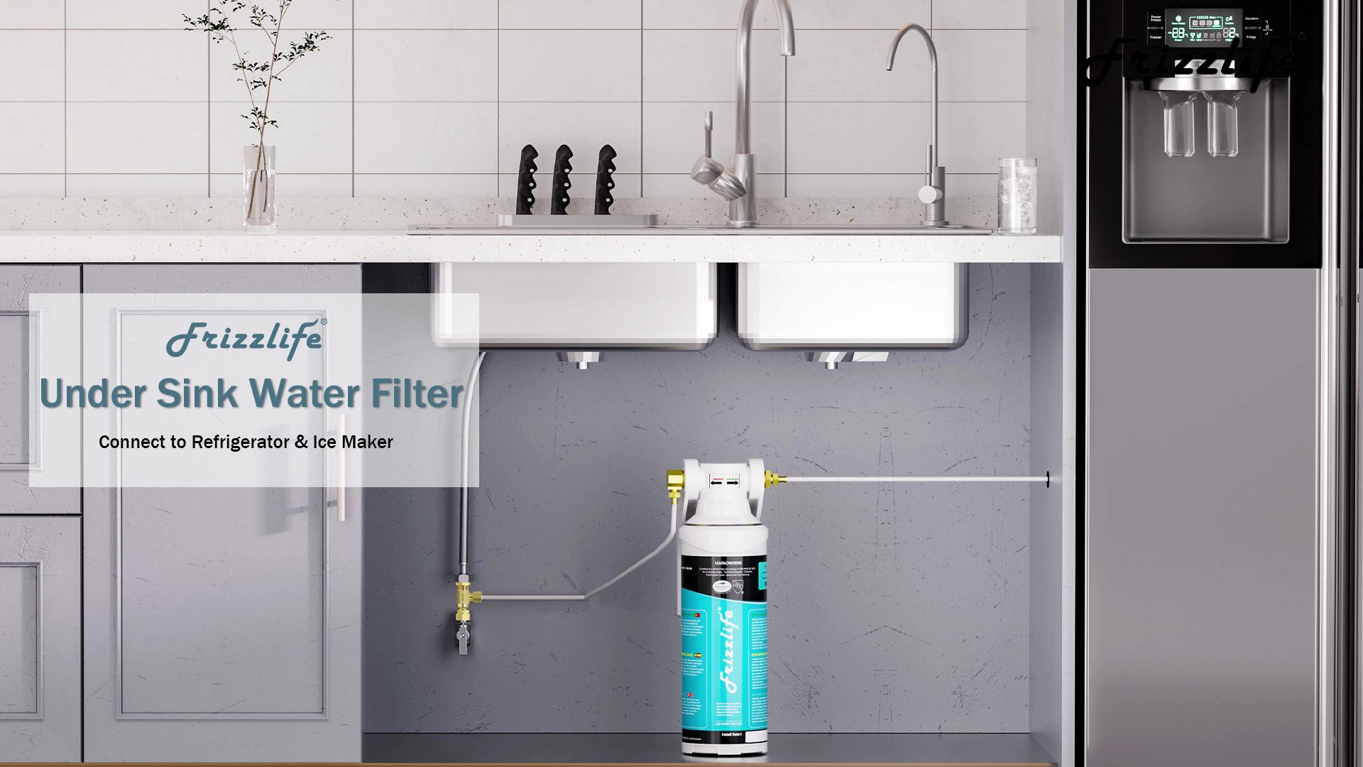 Image of Frizzlife Inline Water Filter System for Fridge, Ice Maker, Under Sink, Certified 0.5 Micron Reduces Chlorine, Lead, Long Lasting, Compression Brass Fittings Fits for Copper Tubing, MS99