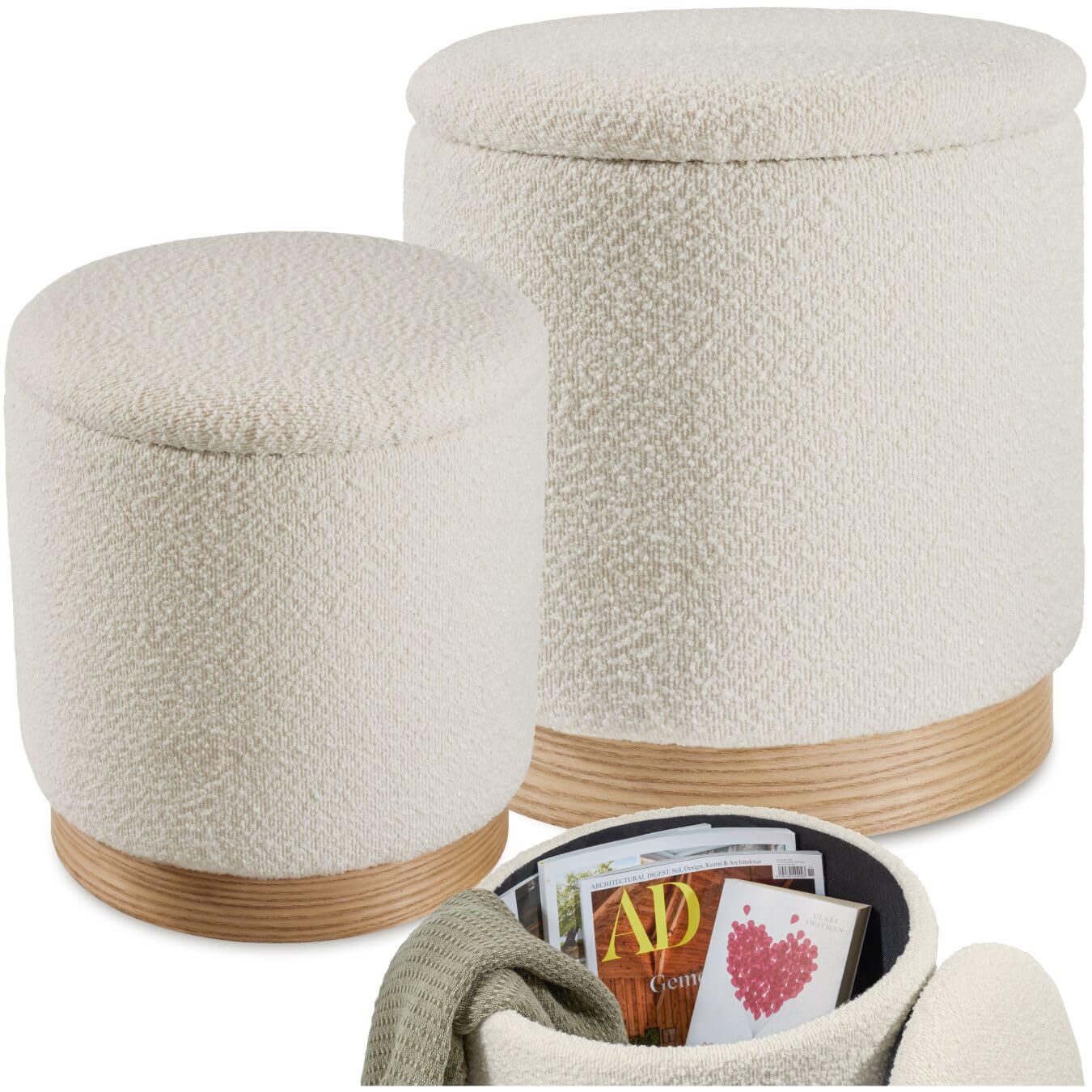 tectake® Set di 2 Pouf Contenitore, Sgabelli Imbottiti Rivestimento Bouclé, Pouf Letto Stile Scandinavo per Camera da Letto Contenitore e da Salotto - Crema