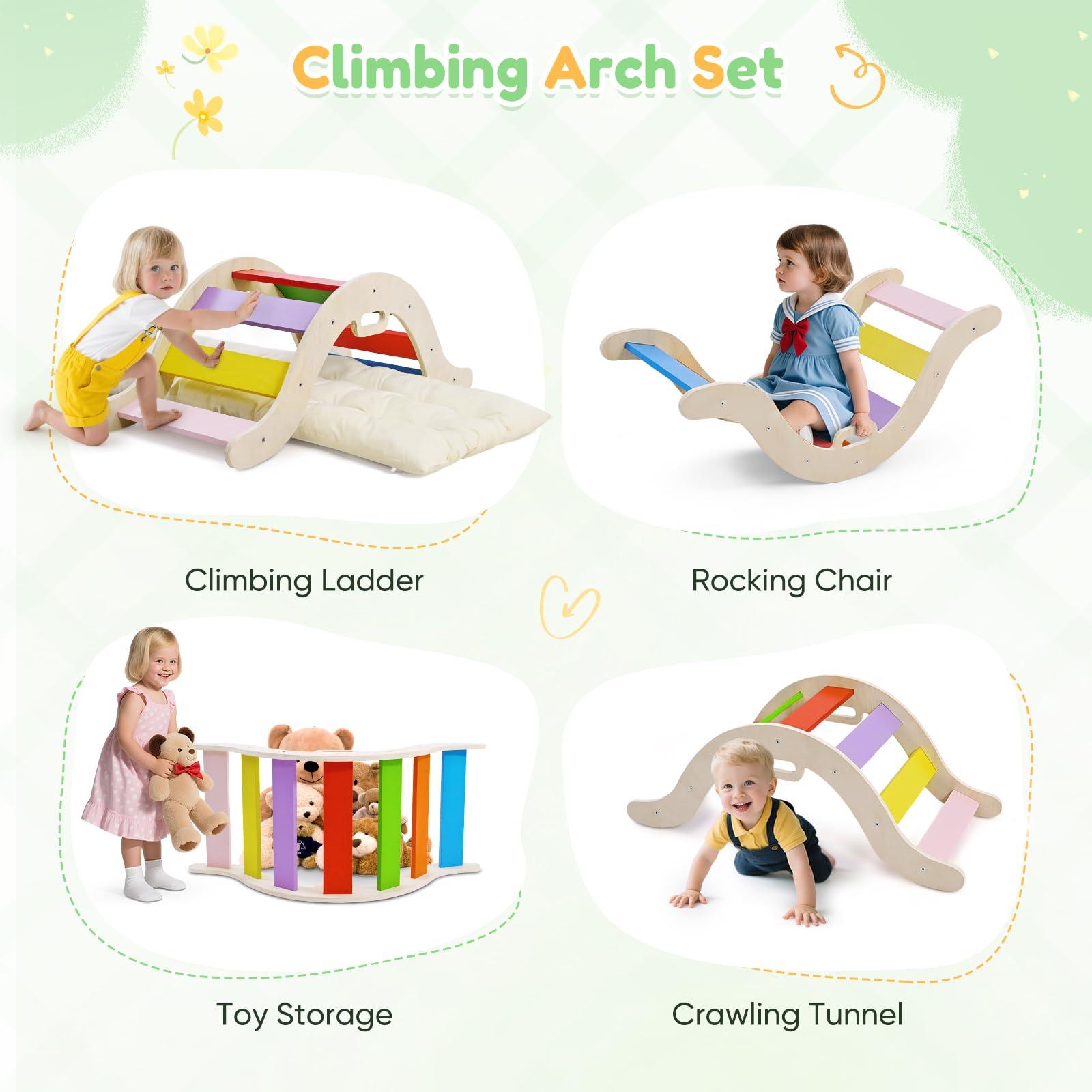 2 in 1 Arco da Arrampicata con braccioli, Arrampicata bambini in legno con cuscino, legno naturale, tappetino per i piedi antiscivolo, rinforzi delle staffe, Arco Montessori per bebè 1-6 anni